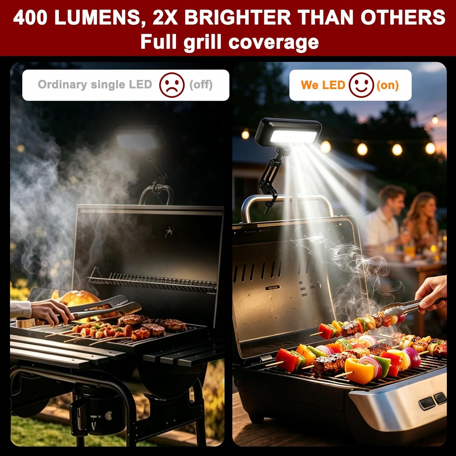 Grill Light Rechargeable for Blackstone & Weber, 400LM LED Grill Handle Light, Auto On/Off Sensor, USB-C Rechargeable, 360° Adjustable, Waterproof Outdoor BBQ Grill Accessories Gift for Men Dad