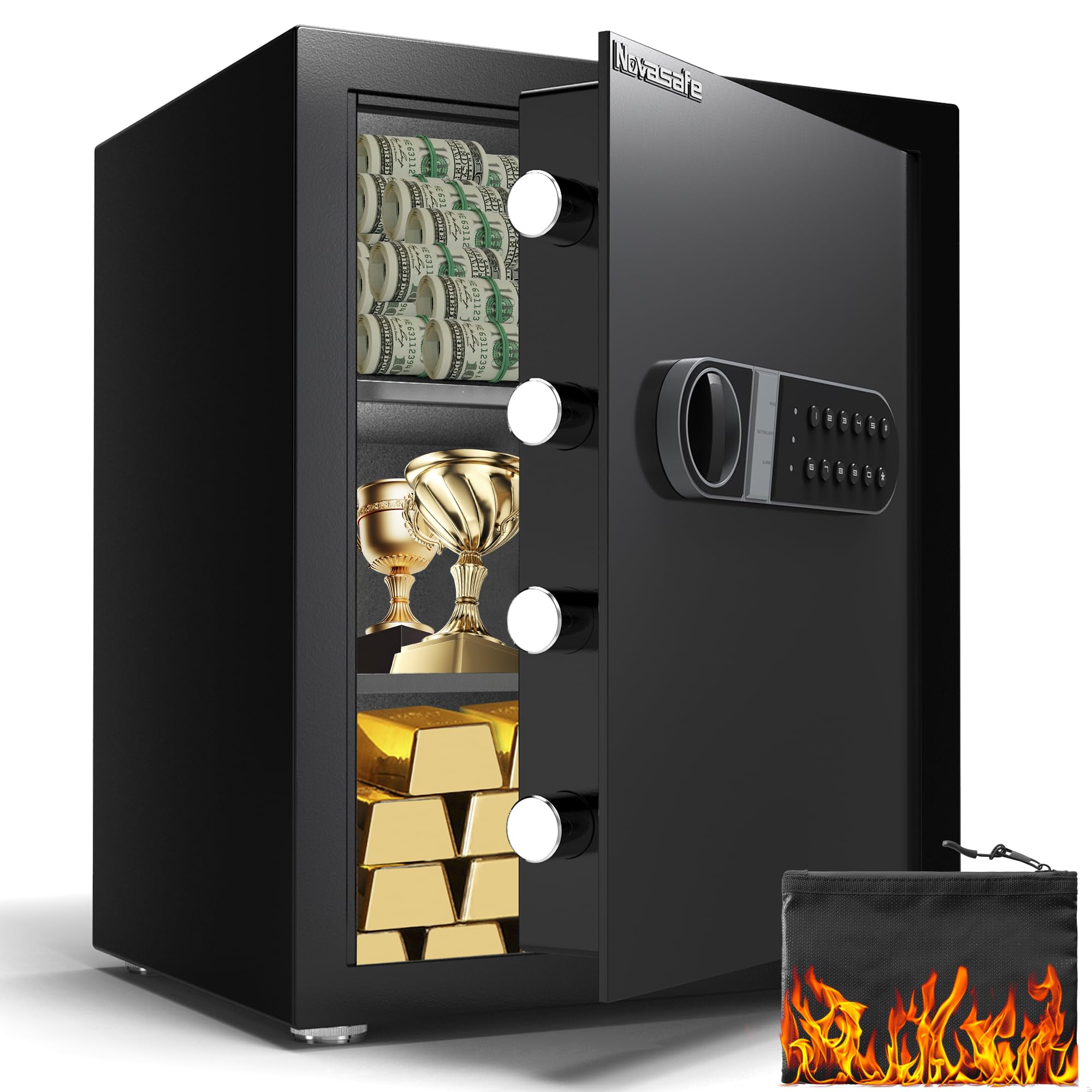 NovasafeSafe Box, Home Safe with Key & Fireproof Waterproof Bag, 2.0 Cu Ft Money Safe for Cash Office Cabinet, Anti-Theft Safety Box, Digital Electronic Keypad, Dual Alarm System