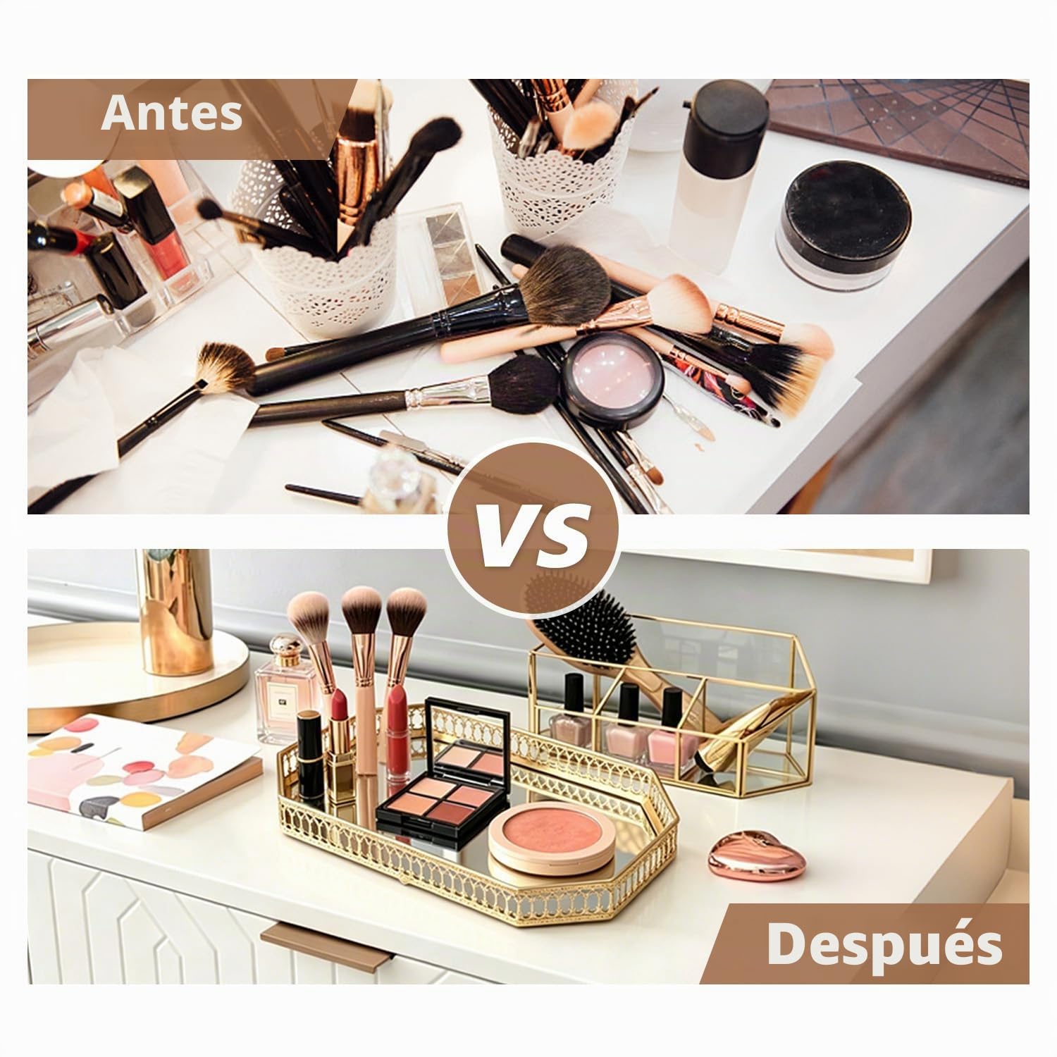 Bandeja Decorativa con Espejo de Dorado, Geométrica Plato Decorativo para Servir Organizador de Perfume de Maquillaje para Tocador, Encimera de Baño