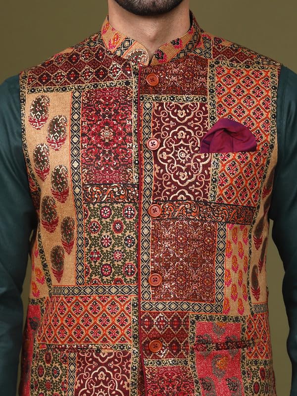 Image of KISAH Men's Navy Blue Printed Cotton Kurta - Regular Fit Long Tunic with Mandarin Collar | Ethnic Wear for Weddings & Festive Occasions
