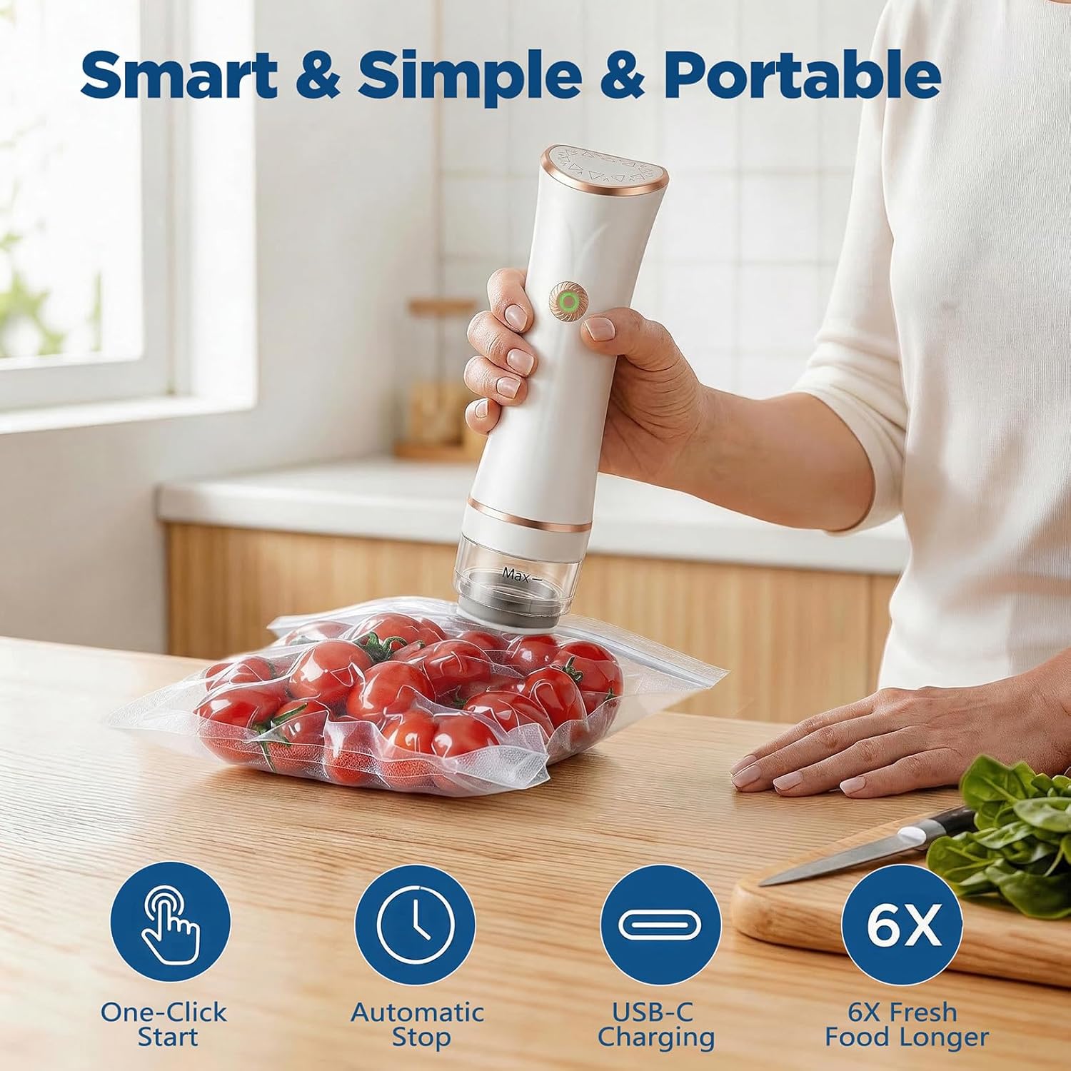 Compact Vacuum Sealer for Food with Visible Tank, Handheld Vacuum Sealer Machine, Includes 30 Reusable Bags, Seal Food 6X Fresh Longer, Wireless & Portable, Suitable for Kitchen and Travel, White