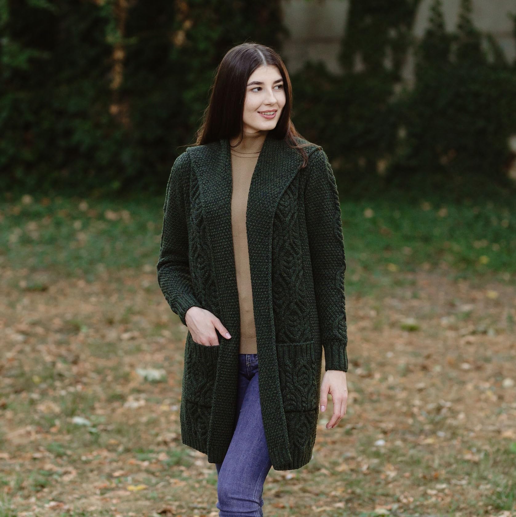 SAOL Cardigan Long à Capuche 100% Laine mérinos pour Femme Coupe Classique Irlandaise