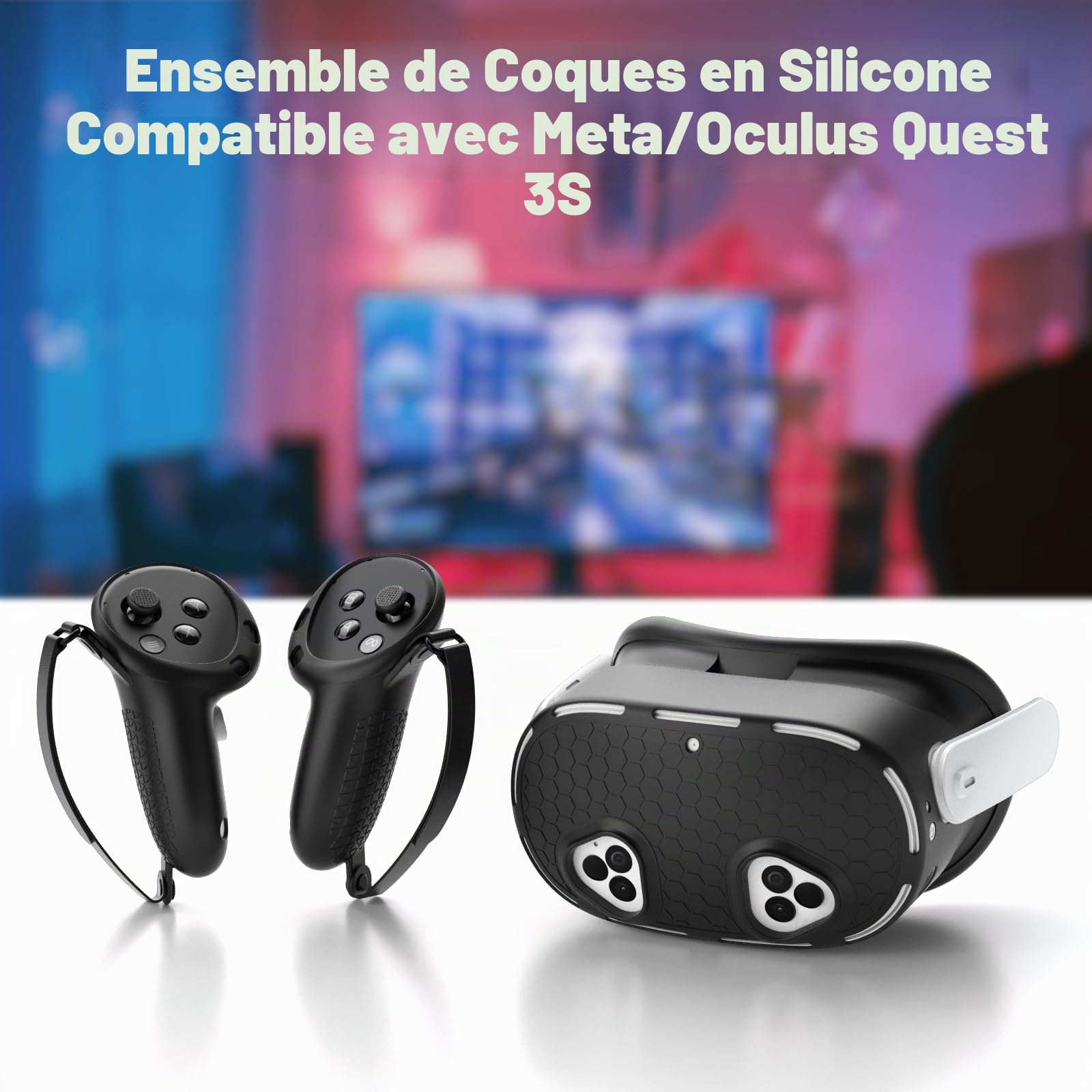 Ensemble de coques en silicone pour MetaQuest 3S, avec visage, poignée de manette (avec couvercle de batterie ouvert), coque de réalité virtuelle, accessoires de réalité virtuelle, ensemble de