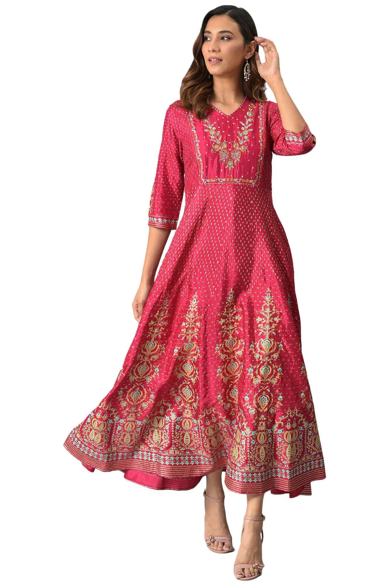 W for Woman Women's Regular Fit Solid Midi Dress, Floral Print, Dark Pink.