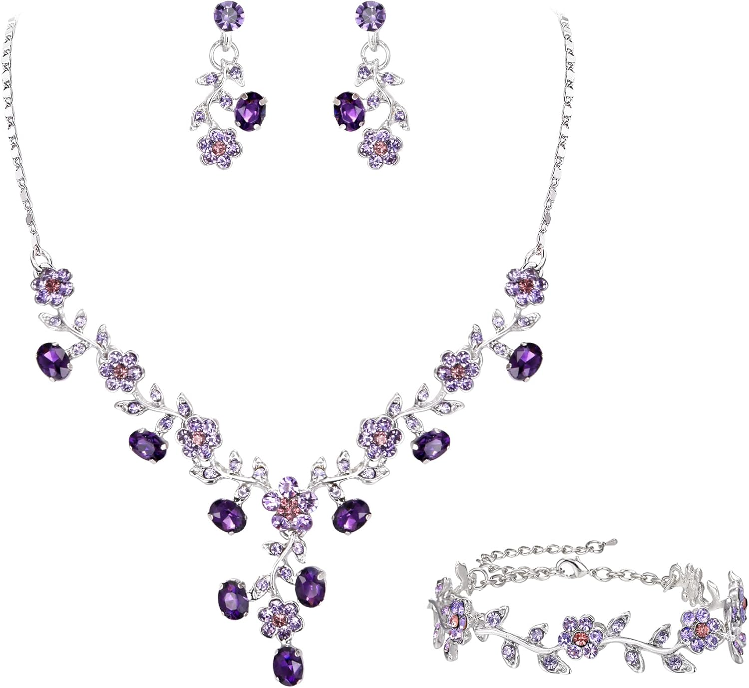 EVER FAITH Bridal Jewelry Sets for Wedding Crystal Flower Leaf Costume Pendant Necklace Earrings Bracelet Set for Women