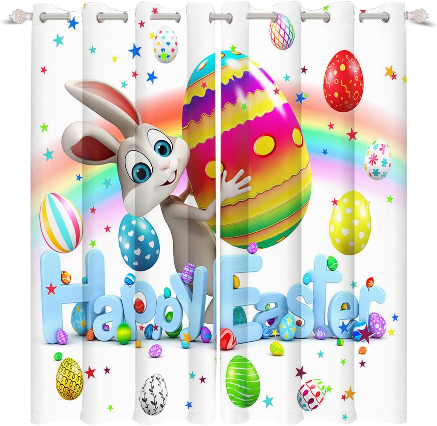 Yeele 42x108inches Happy Easter Blackout Window Curtains Kids Room Funny Rabbit Colorful Eggs Thermal Insulated Printed Curtains Waterproof Polyester Room Darkening Curtains with Grommets,2 Panels