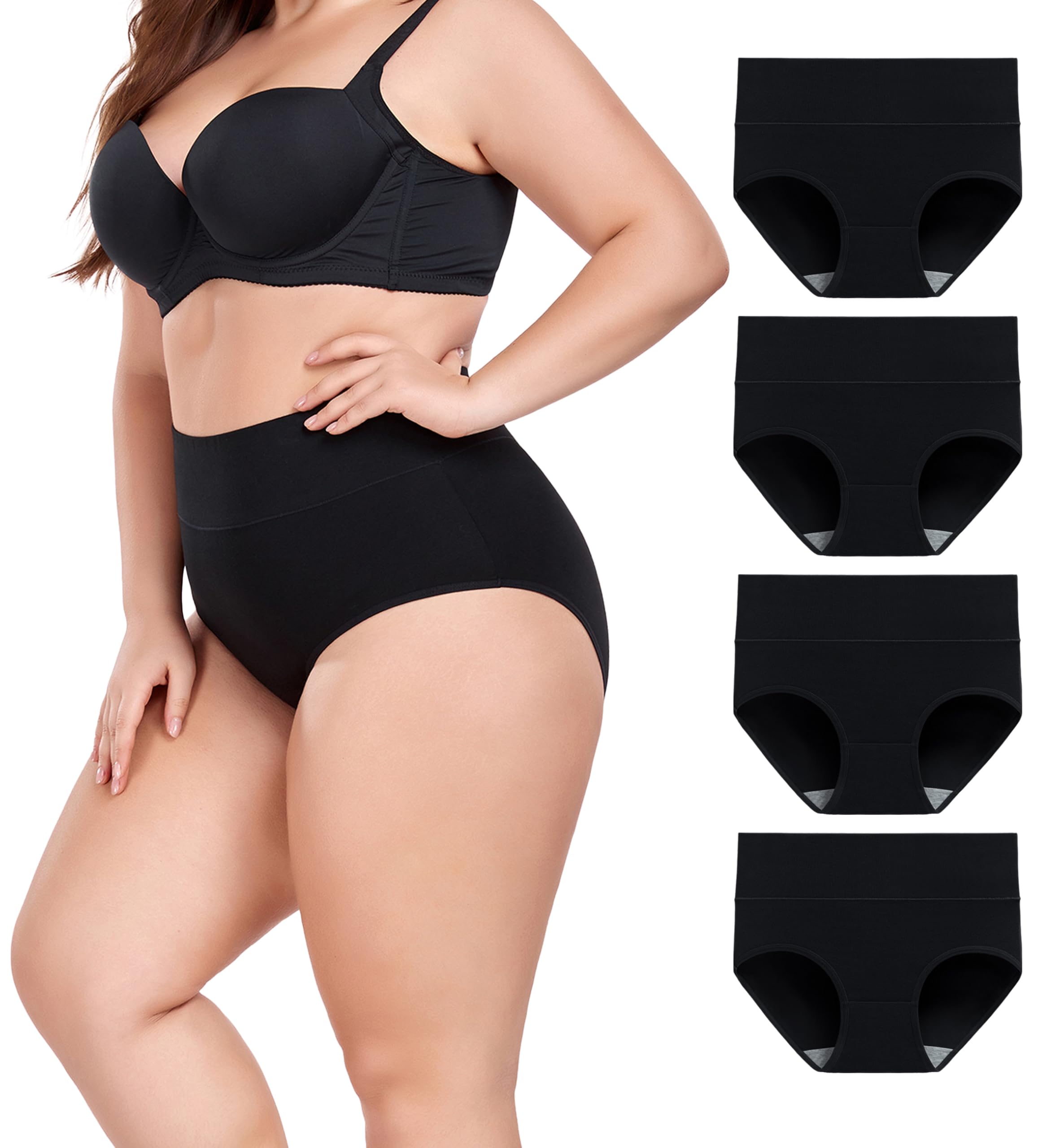 Plus Size Underwear for Women XL-5XL Cotton High Waist Women Briefs Full Coverage Ladies Panties 4 Pack