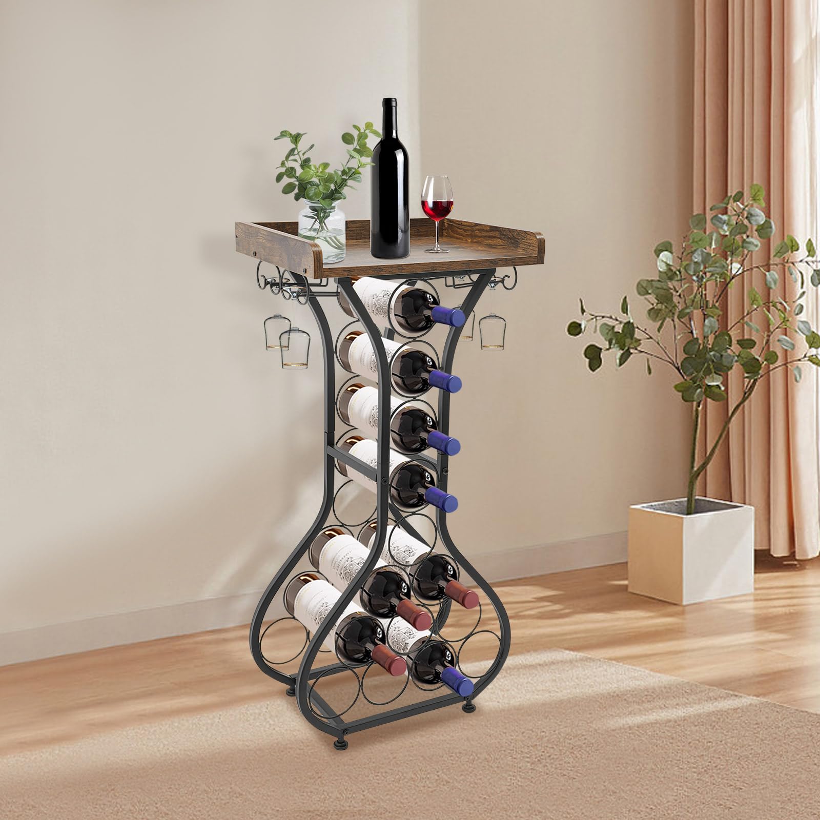 Étagère à vin en métal pour 14 bouteilles - Porte-bouteilles autonome avec porte-bouteilles en verre - Étagère décorative pour cuisine, bar, salle à manger, sol, 42 x 30 x 90 cm