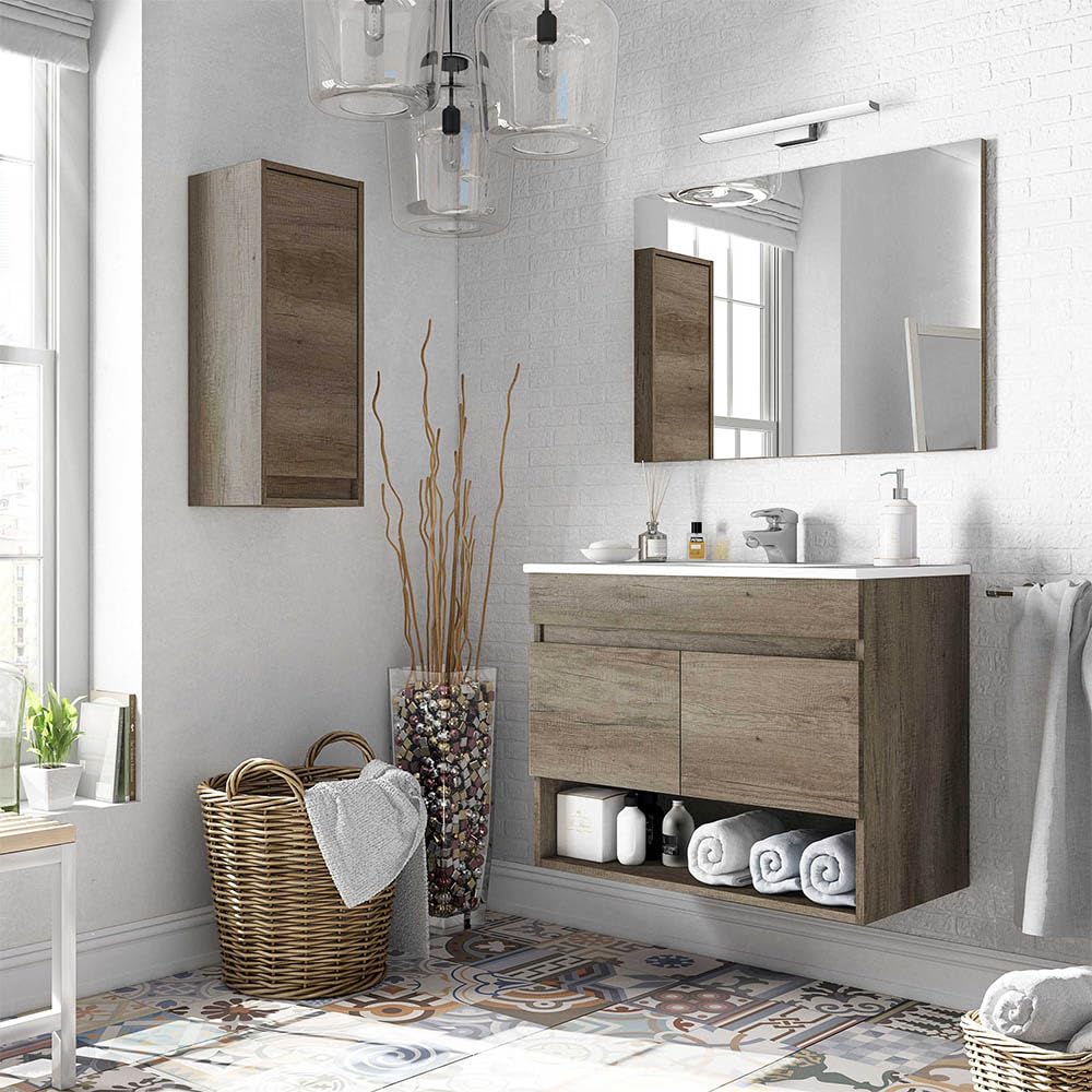 Inbagno Mobile bagno sospeso 80 cm, 2 ante e vano a giorno serie Oasi, colore rovere con venatura naturale, COMPLETO di lavabo in ceramica e specchiera