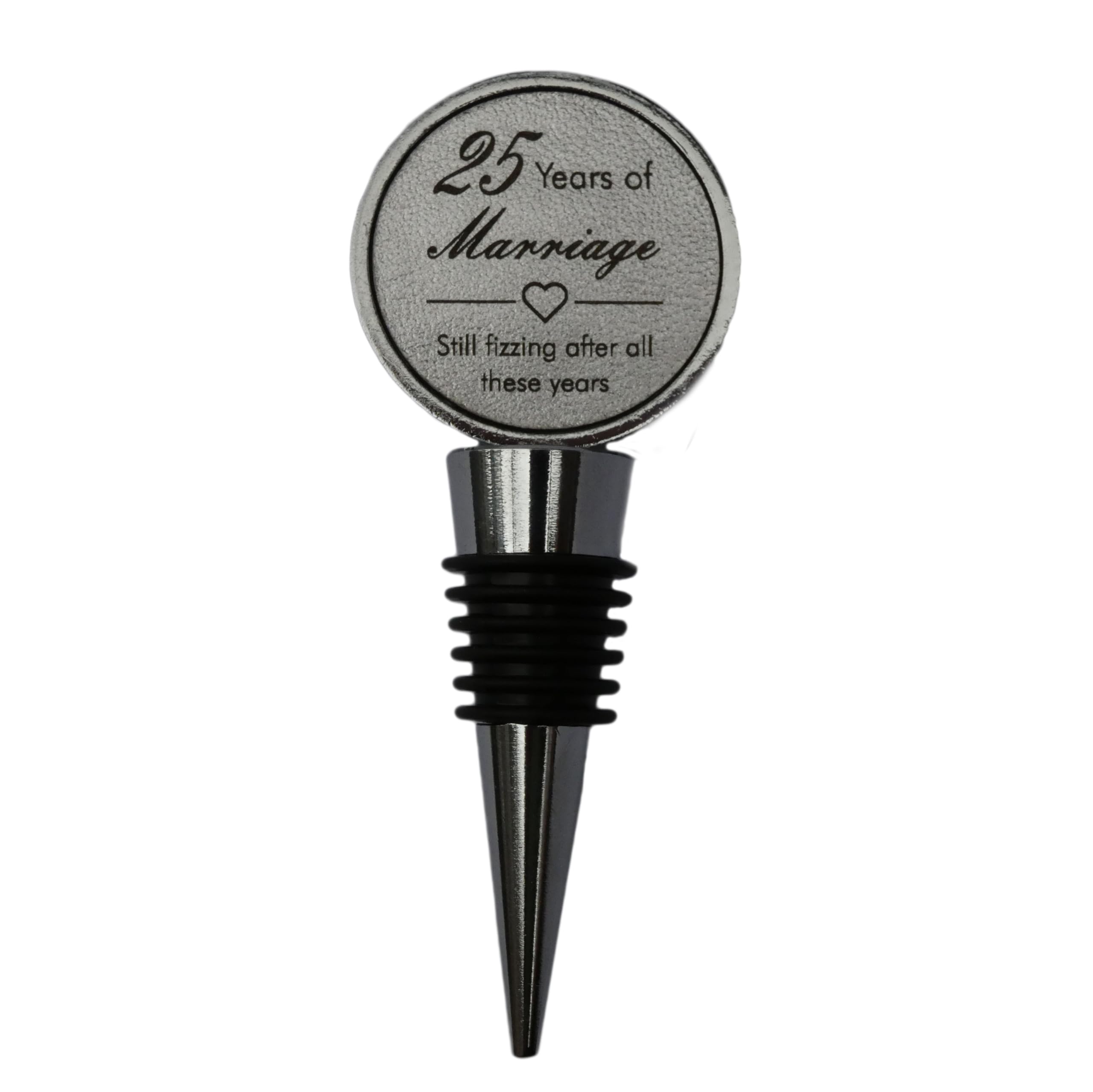 25th Anniversary Engraved Silver Leather Bottle Stopper, 25 Years Married (Still fizzing After All These Years)