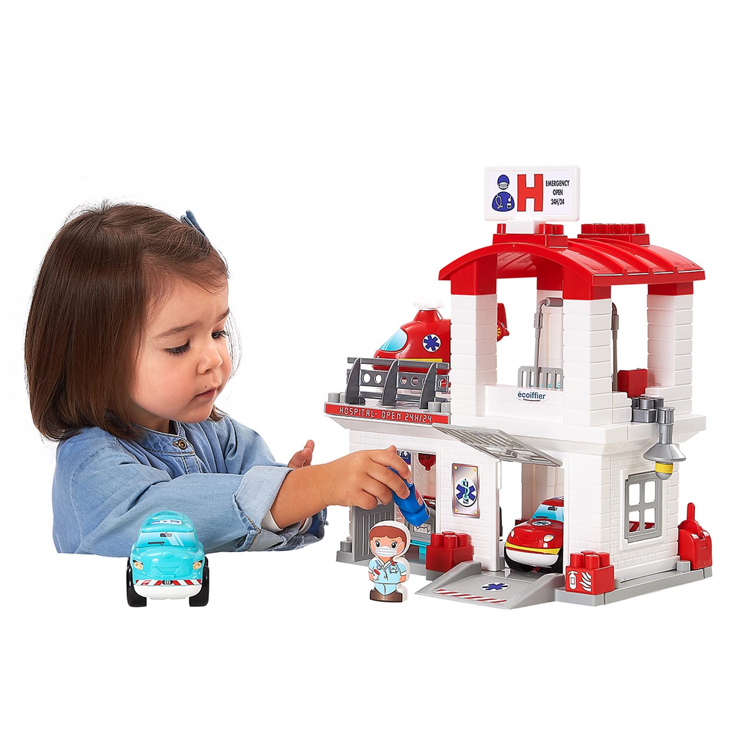 Ecoiffier - Set di 65 mattoncini da Costruzione, con Elicottero, Auto Giocattolo, Medico, Sorella, per Bambini dai 18 Mesi in su
