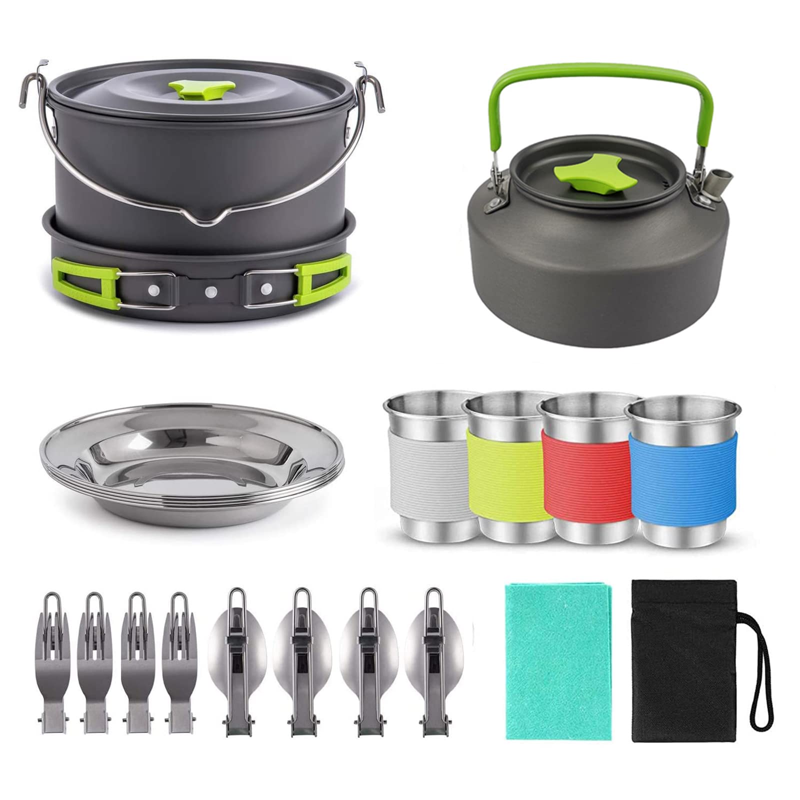 Juego de Utensilios de Cocina para Acampar 20 Piezas Juego de Vajilla para Acampar 4 Personas Suministros de Cocina al Aire Libre para Barbacoa Senderismo Picnic