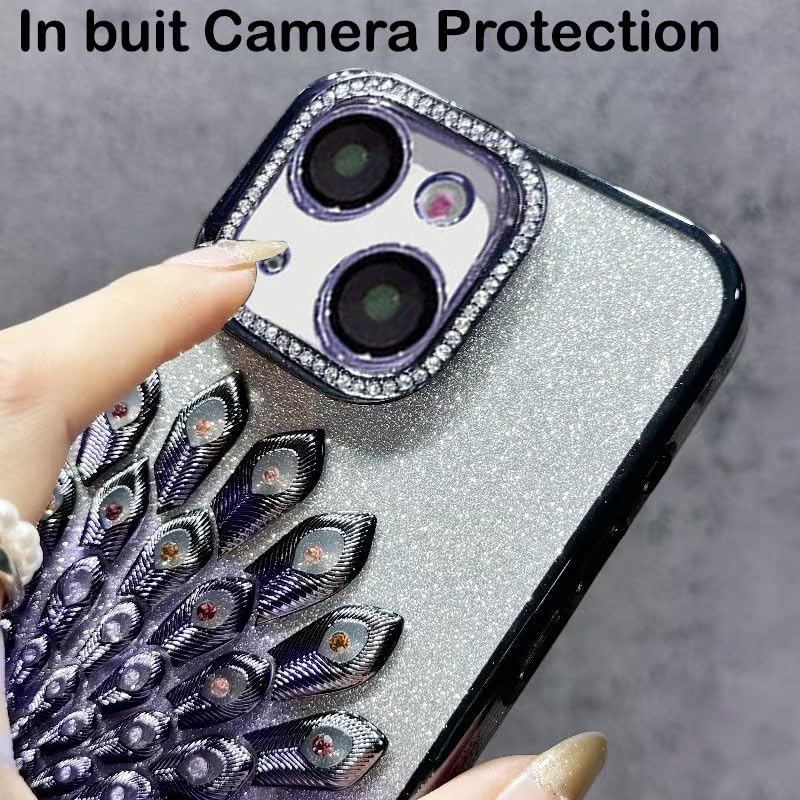 Image of mobistyle Case for iPhone 15 Plus,3D Diamond Luxury Electroplate Glitter Peacock Tail Bling Design Camera Protection Shockproof Phone Case for (Purple, iPhone 15 Plus)