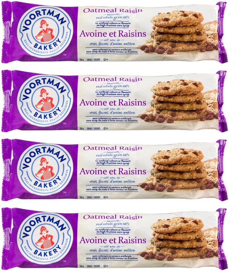 Voortman Bakery Oatmeal Raisin Cookies - Delicious Baked Oatmeal Cookies made with Real Whole Grain Oats and Raisins, No Artificial Colors or Flavors and No High-Fructose Corn Syrup (Pack of 4)