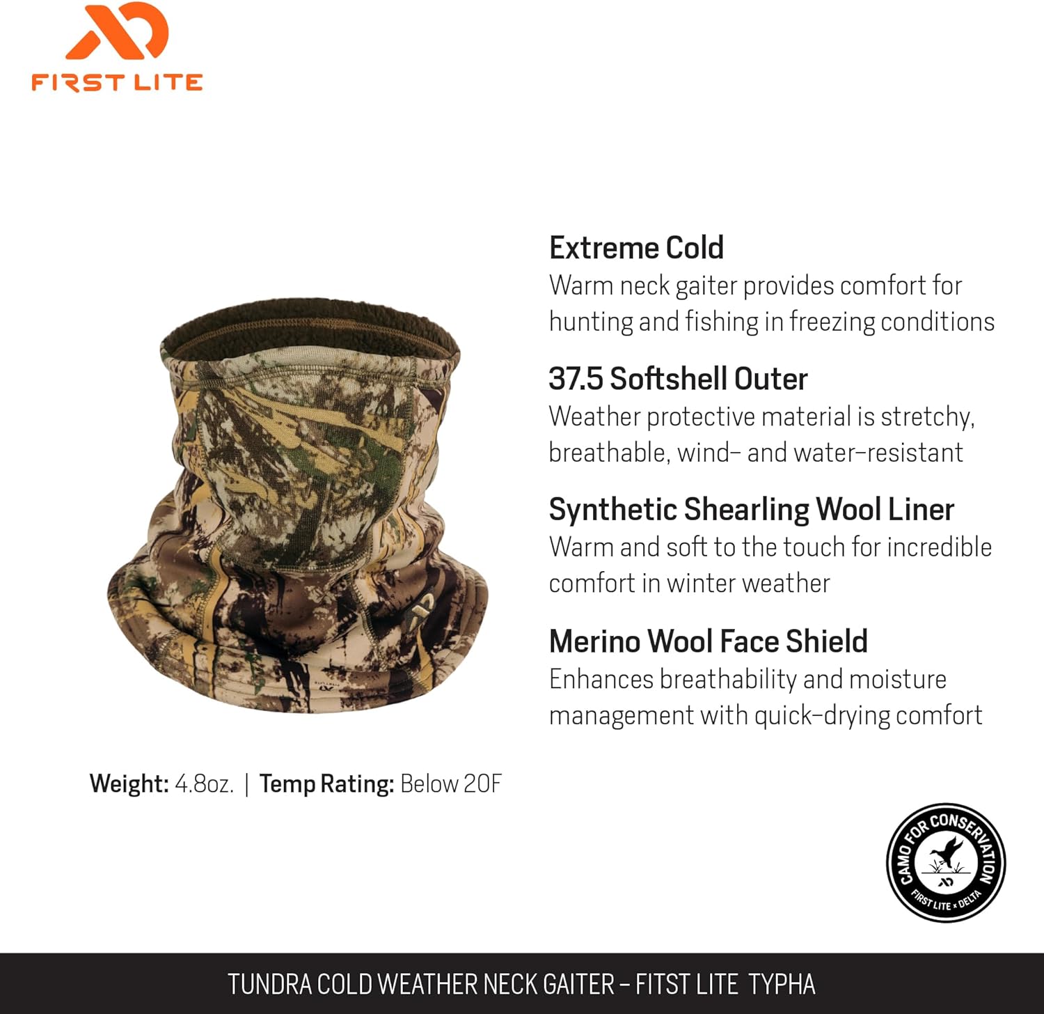First Lite Tundra Cold Weather Neck Gaiter - Heavyweight Merino Wool Camo Hunting Face Mask