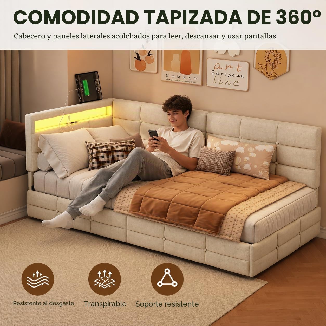 BRILVERDE Cama con almacenamiento de 90 x 200 cm con cajones, cama acolchada con luz LED/USB, sofá cama con cabecero contenedor, somier de láminas, lino (beige, 90 x 200 cm)