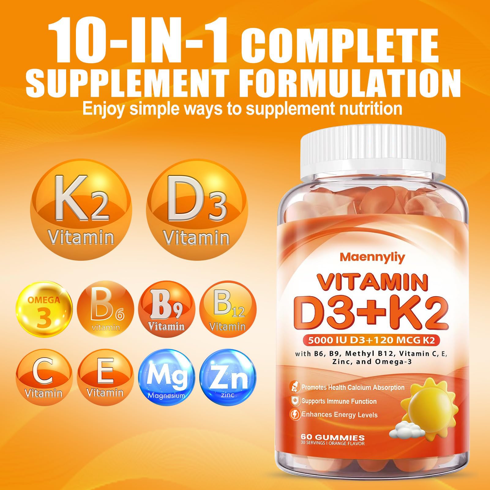Maennyliy Vitamin D3 K2 Gummies for Adults: D3 5000IU + K2 (MK-7) 120mcg — Amazon image 3