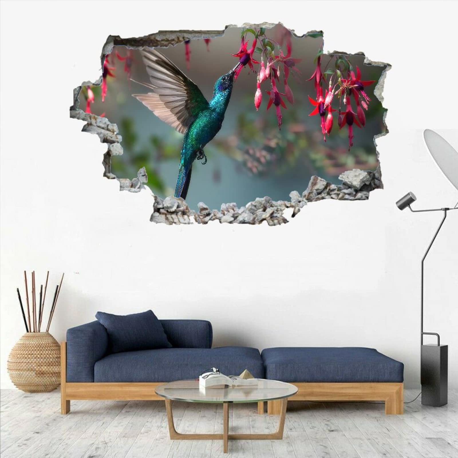 Vogel 3D Wandtattoo Wanddurchbruch, Blume Durchbruch Wandaufkleber für Kinderzimmer, sticker für Wohnzimmer, B 120 x H 80 cm Selbstklebend Vinyl Wandsticker, Wandbild Junge Mädchen Schlafzimmer