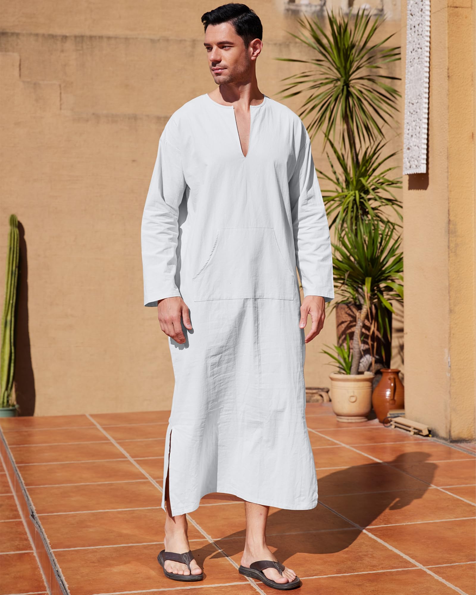 YAOHUOLE Men's Loose Linen V-Neck Short Sleeve Lounge Robes Dresses with Pockets