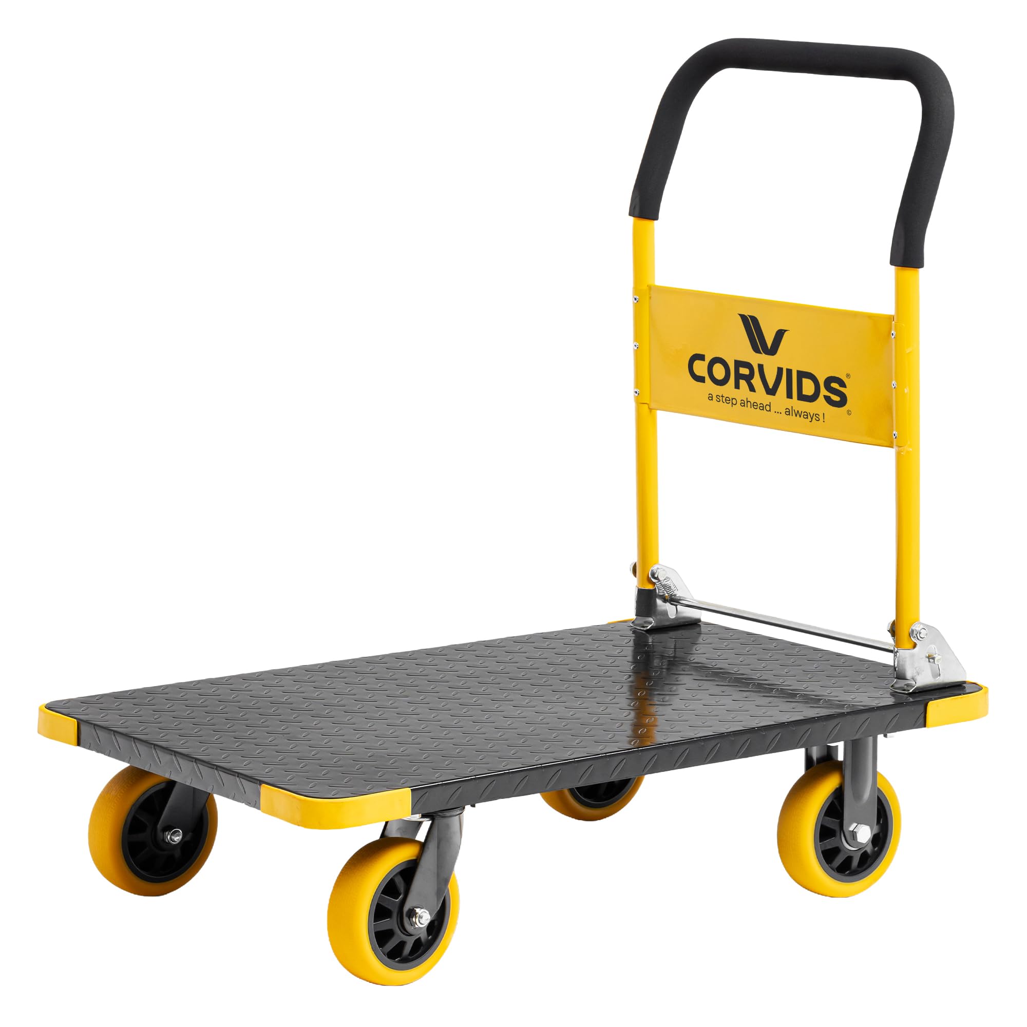 Corvids 400 Kg Heavy-Duty Folding Metal Hand Platform Trolley/Truck | 2-Year Warranty | Portable & Compact Industrial Dolly Cart with 360 Rotating Wheels for Home, Office & Warehouse Use
