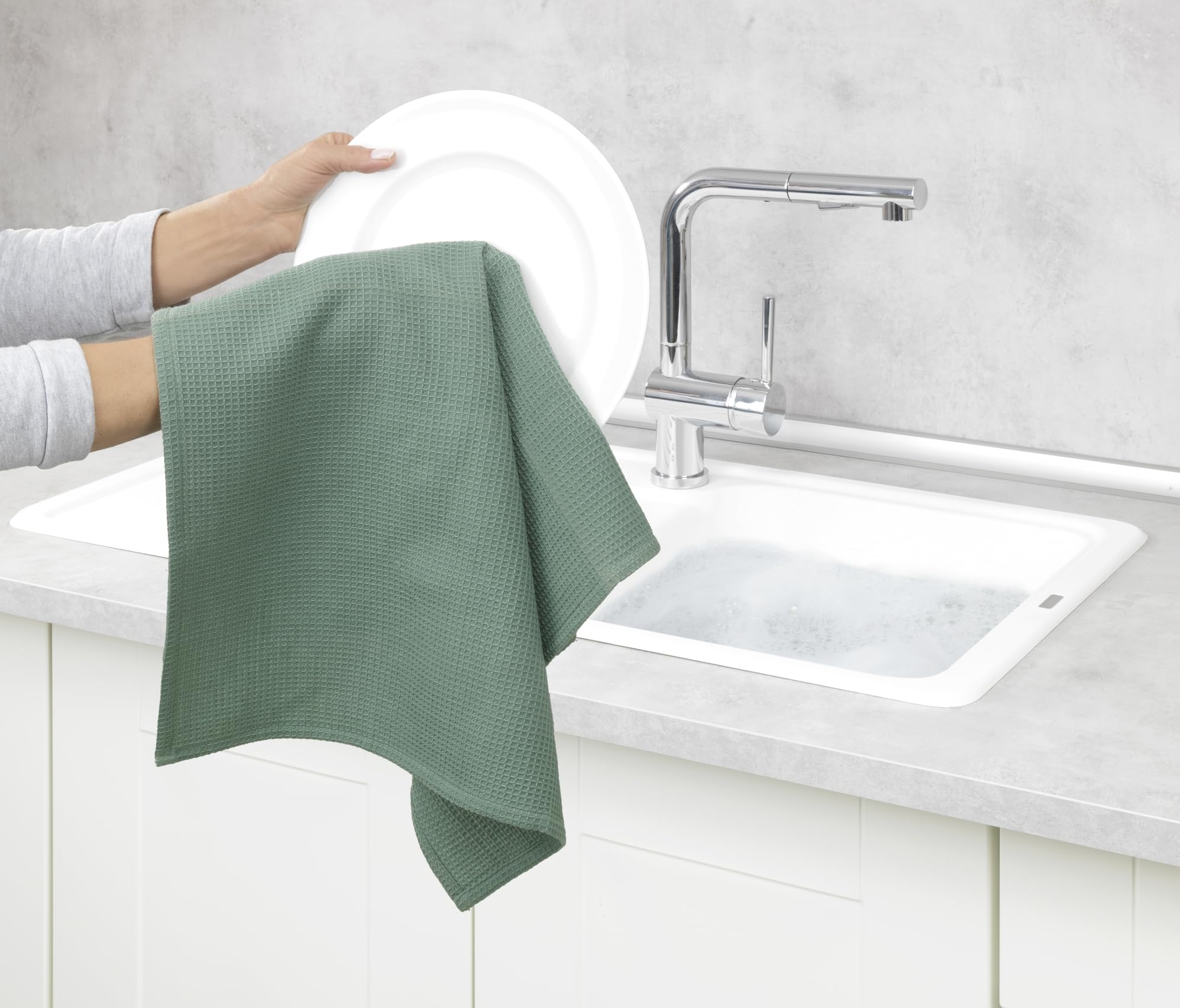 Set Strofinacci Da Cucina WENKO Tito 2 Pezzi – Cotone 100%, Righe E Waffle Verde, 45x65cm