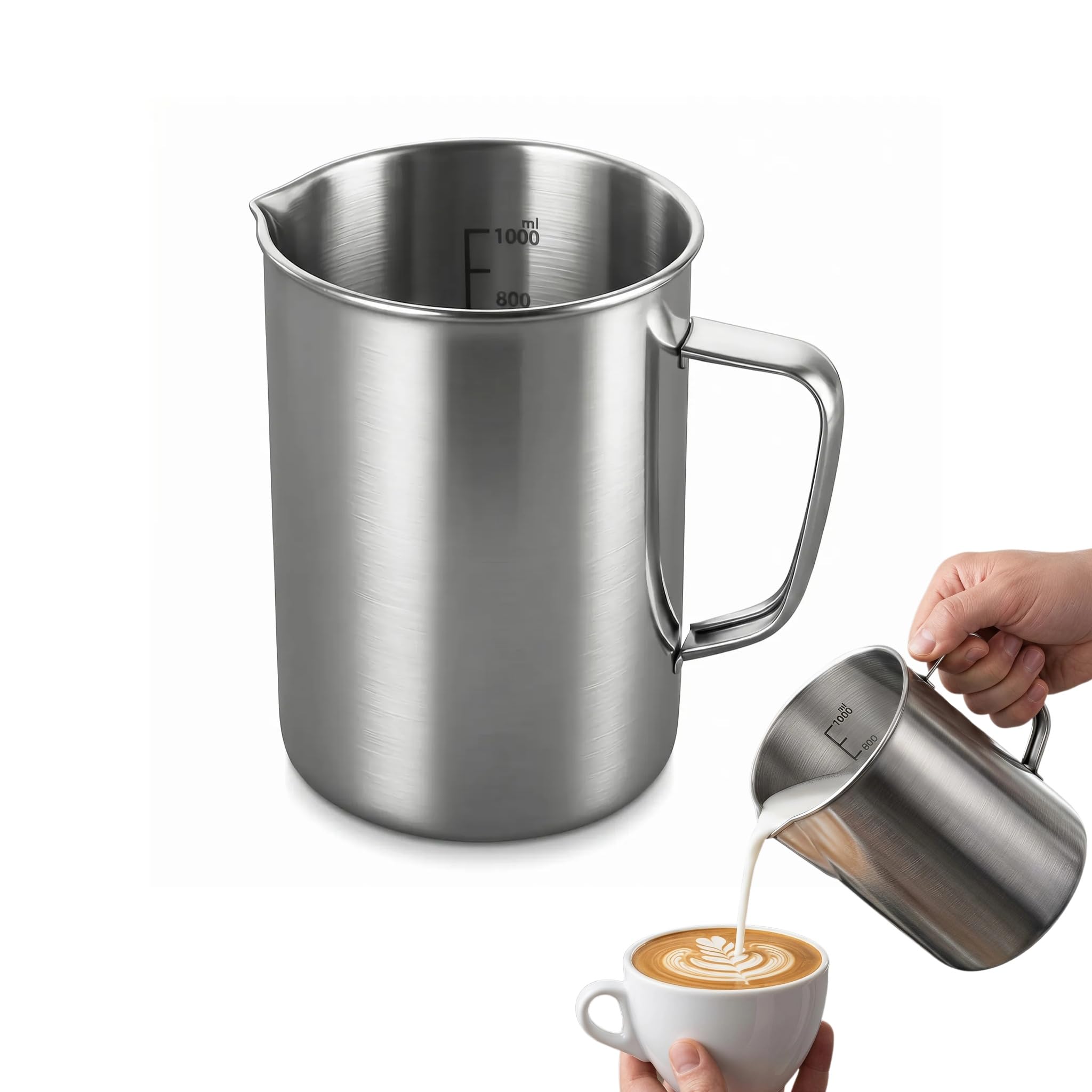 Stainless Steel Measuring Jug, 1000ml Milk Frother Cup, Handle Pour Lip
