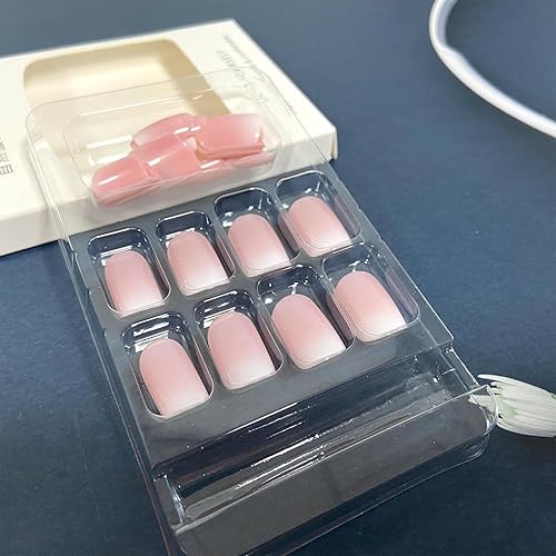 Miniatura 4 de Kit de uñas postizas cuadradas cortas y degradadas, color rosa, brillantes, reutilizables, con pegamento, de ajuste natural, uñas acrílicas, para