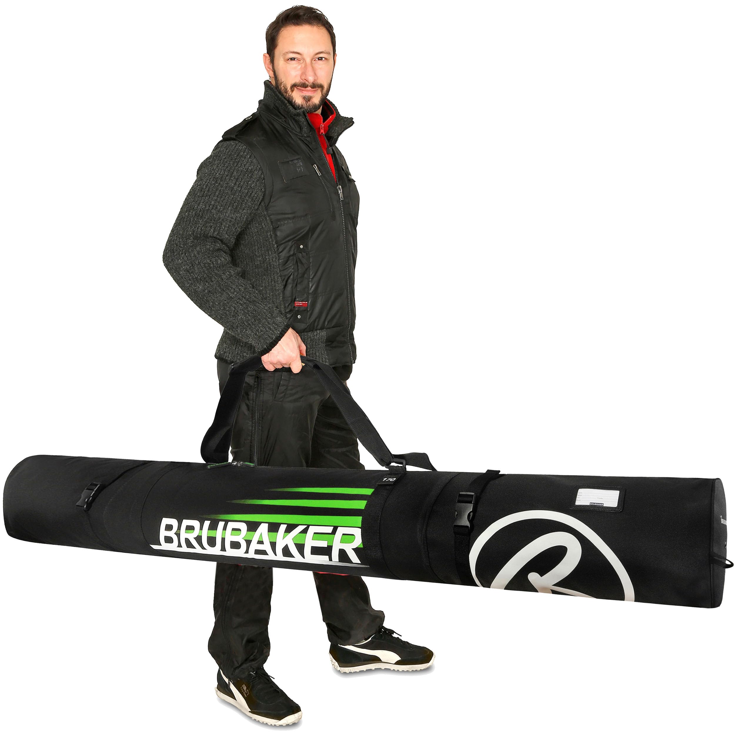 BRUBAKER Conjunto 'Super Champion' Bolsa para Botas y Casco de ski Junto a 'Carver Champion' Bolsa para un par de Ski - Negro/Verde - 170 cms.