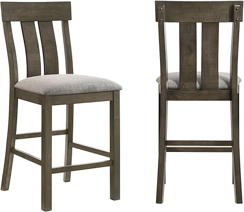 Juego de 2 sillas de comedor de altura de mostrador, asientos de tela con respaldo de listones para juegos de mesa y sillas de cocina, madera