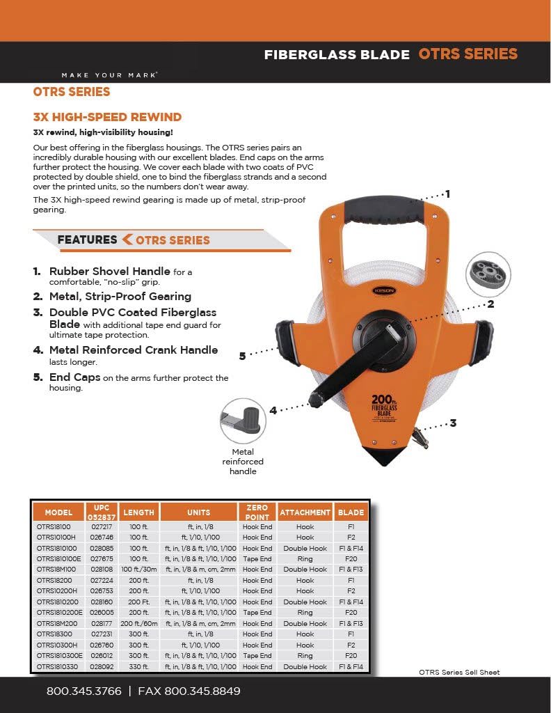 Keson OTRS1810200E Fiberglass Measuring Tape with Ring End, Speed Rewind (Graduation: ft., in, 1/8 & ft., 1/10, 1/100), 200-Foot