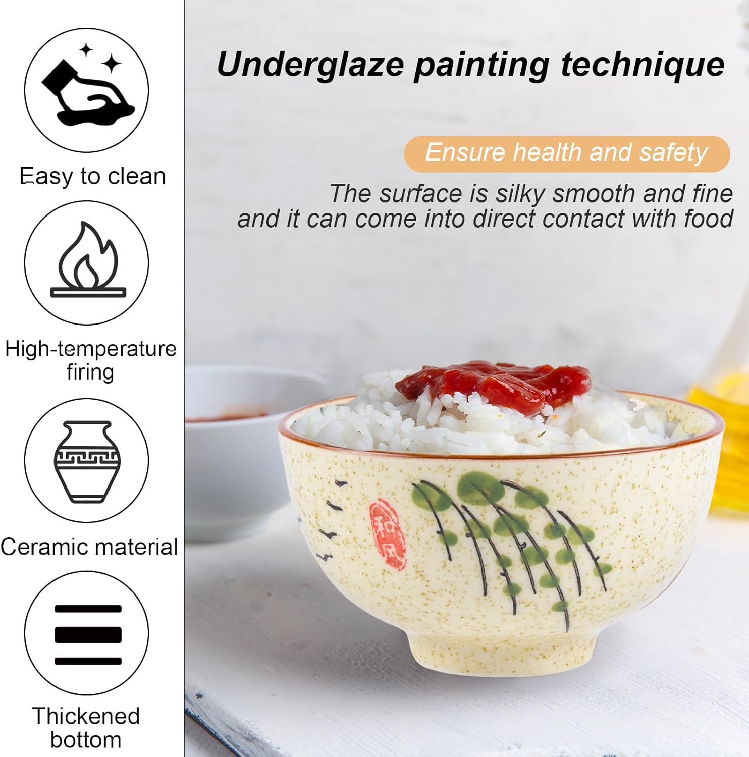 Ceramic Soup Rice Bowl 4.5 Inch Set of 4 Vintage Japanese Creative Hand Painted Floral Ceramic Soup Bowls 10 Ounce Ramen Bowl Set Noodle Bowl Microwave Dishwasher Safe