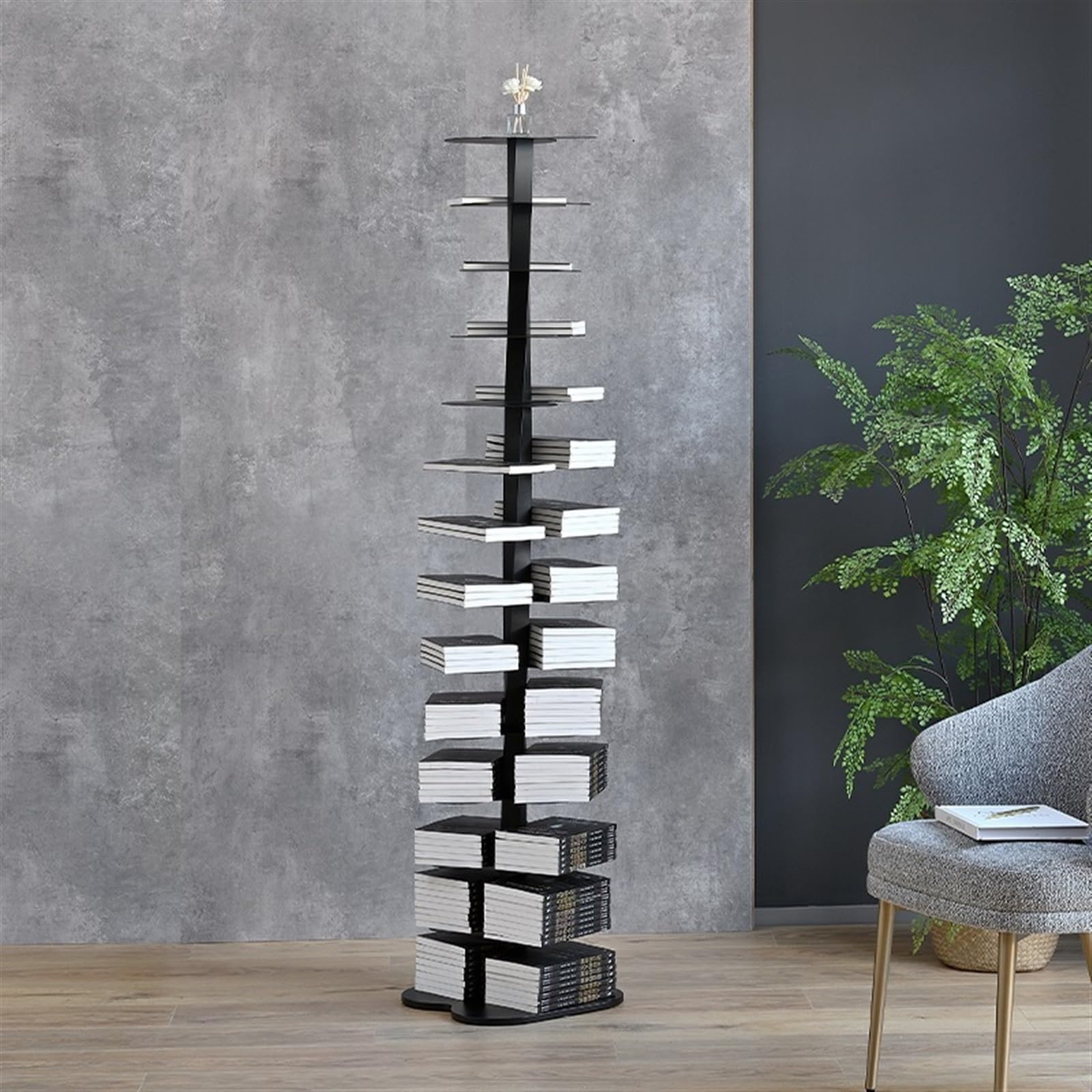 Libreria Scaffale girevole, libreria da pavimento a 360 gradi, scaffale a spirale, in metallo(Silver)