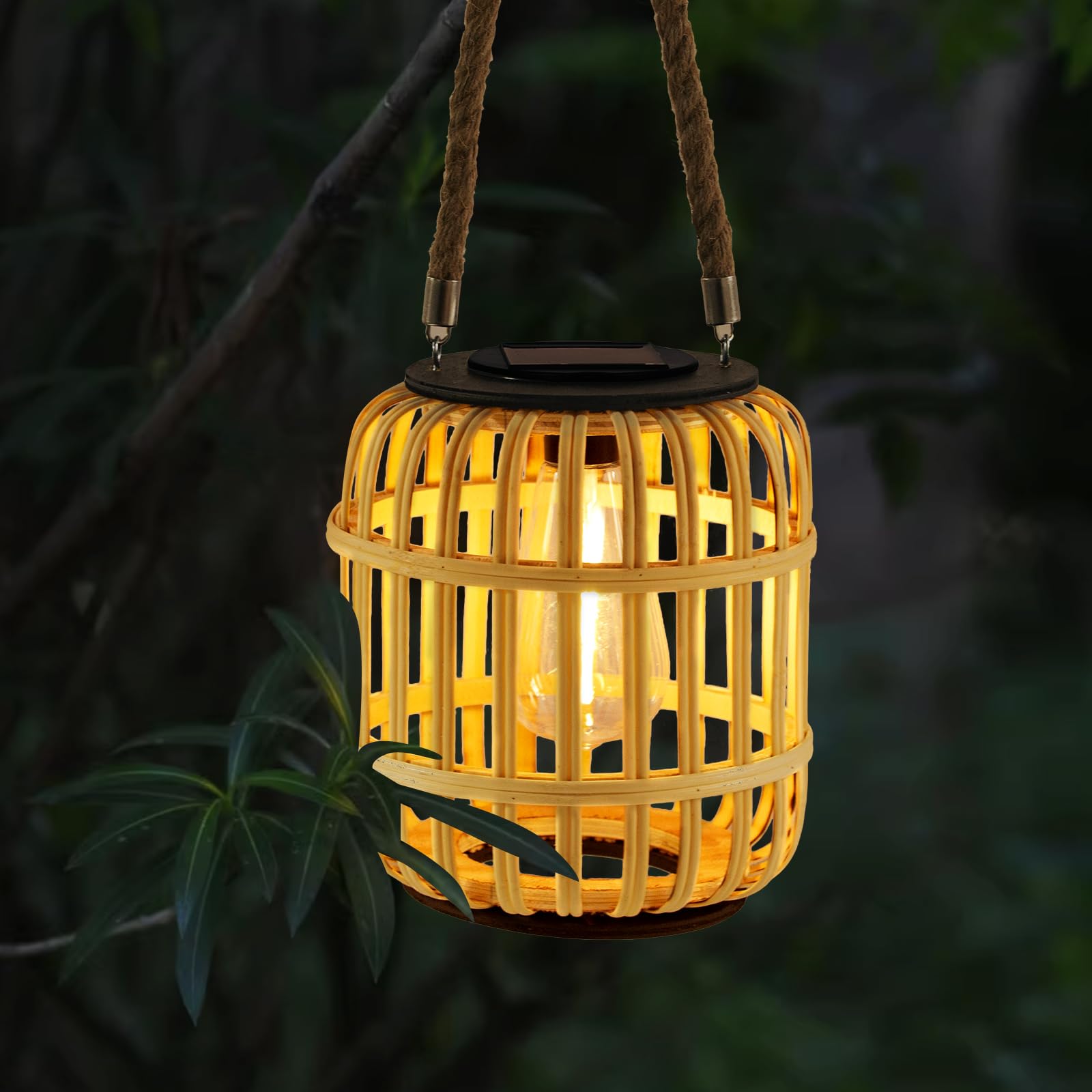 LarekookSolar Lanterns Outdoor,Natural Rattan Bamboo Solar Lantern Outdoor Hanging with Hemp Rope,Outdoor Waterproof Solar Lanterns with Edison Bulb for Garden Patio Yard Decoration, HSL1319.V0