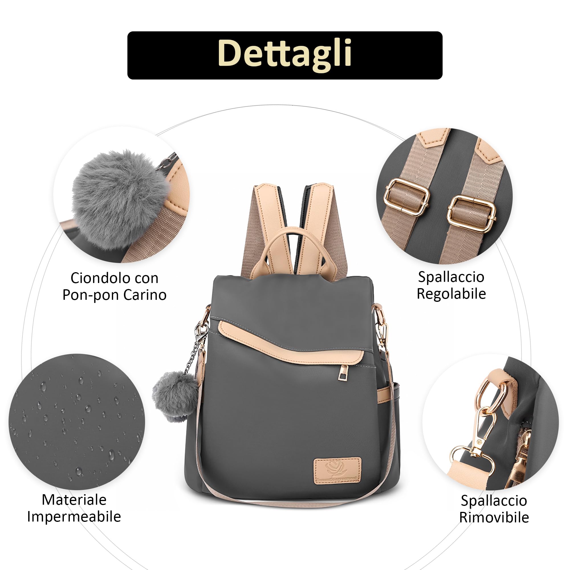 Zaino Antifurto Donna, Zainetto Piccolo Impermeabile Leggero con Tasca Posteriore di Sicurezza — Borsa Zaino Donna Casual per Lavoro, Viaggio e Quotidiano Grigio