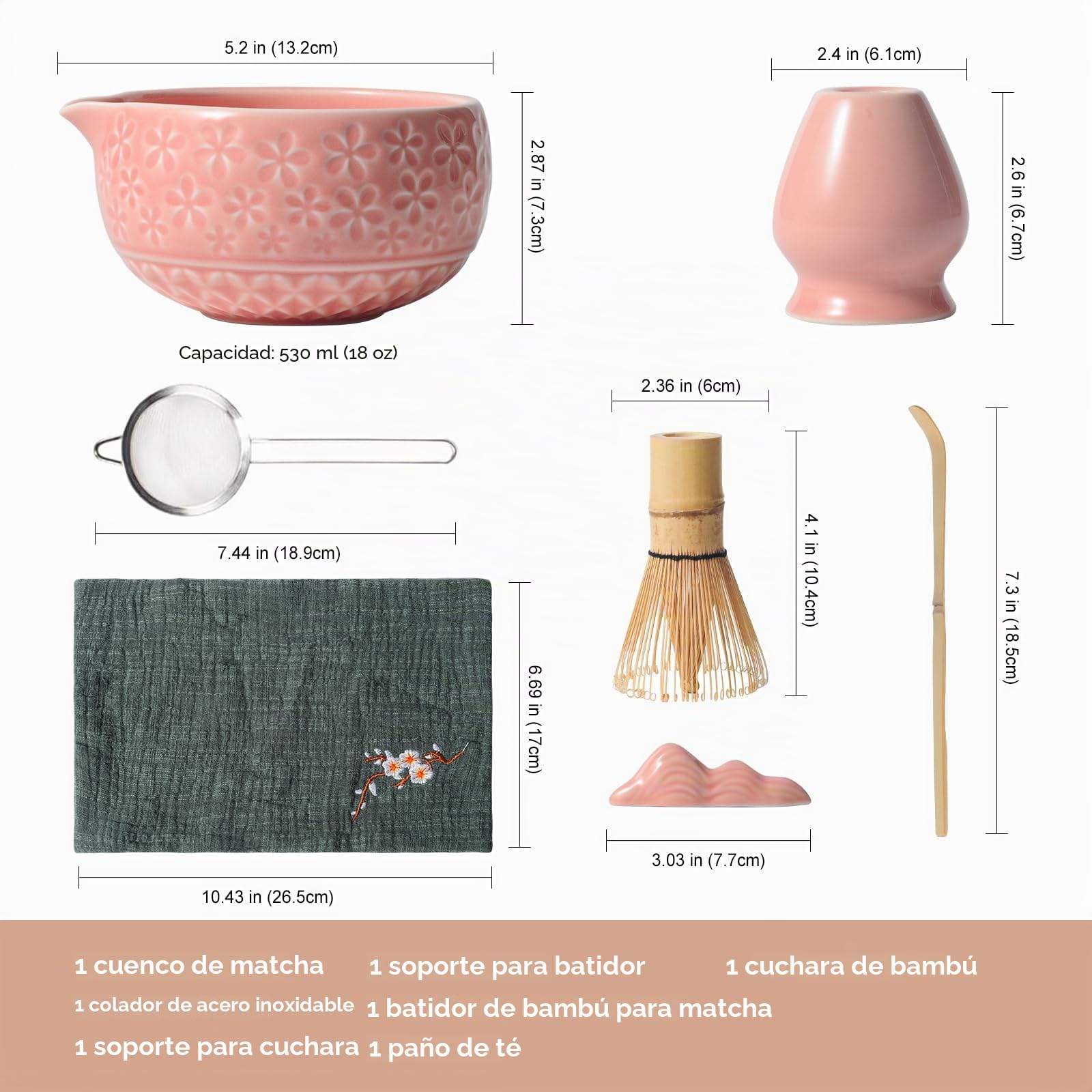 Souvik Kit de Matcha Japonés 7 Piezas – Matcha Set de Ceremonia con Tazón con Pico, Batidor de Bambú, Cuchara, Tamiz, Soporte y Paño – Regalo Ideal para Amantes del Té, Rosa
