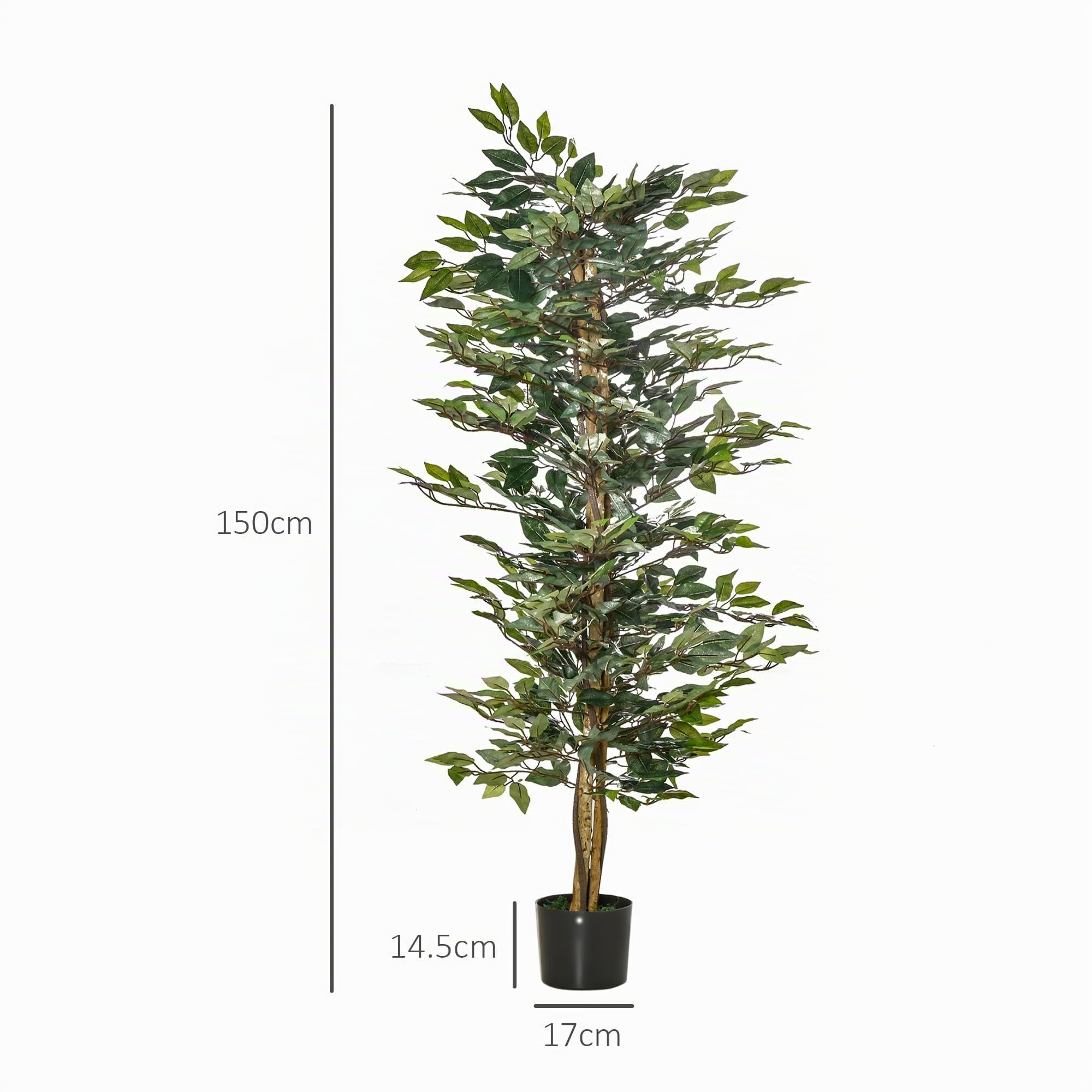 HOMCOM Pianta Finta di Ficus Alta 150cm Decorativa per Interno Esterno | Pianta Artificiale, con Vaso Incluso, per Giardino Ufficio Soggiorno
