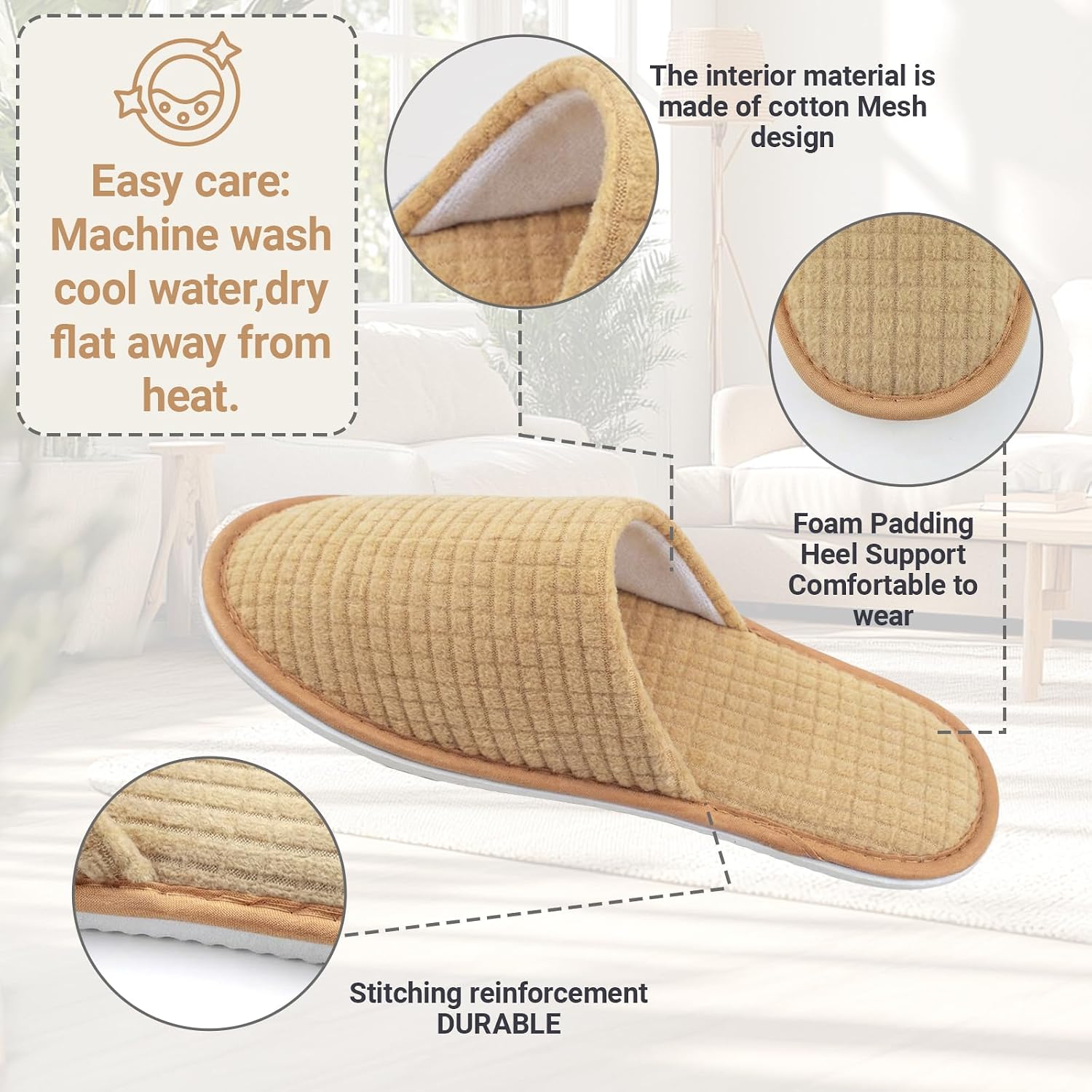 1-Pair Spa Slippers - Non Slip Hotel Slippers For Guest Women & Men -Washable & Reusable Guest Slipper for Indoor Hotel, Spa, Travel, Shoeless Home, House, Bedroom, Beige