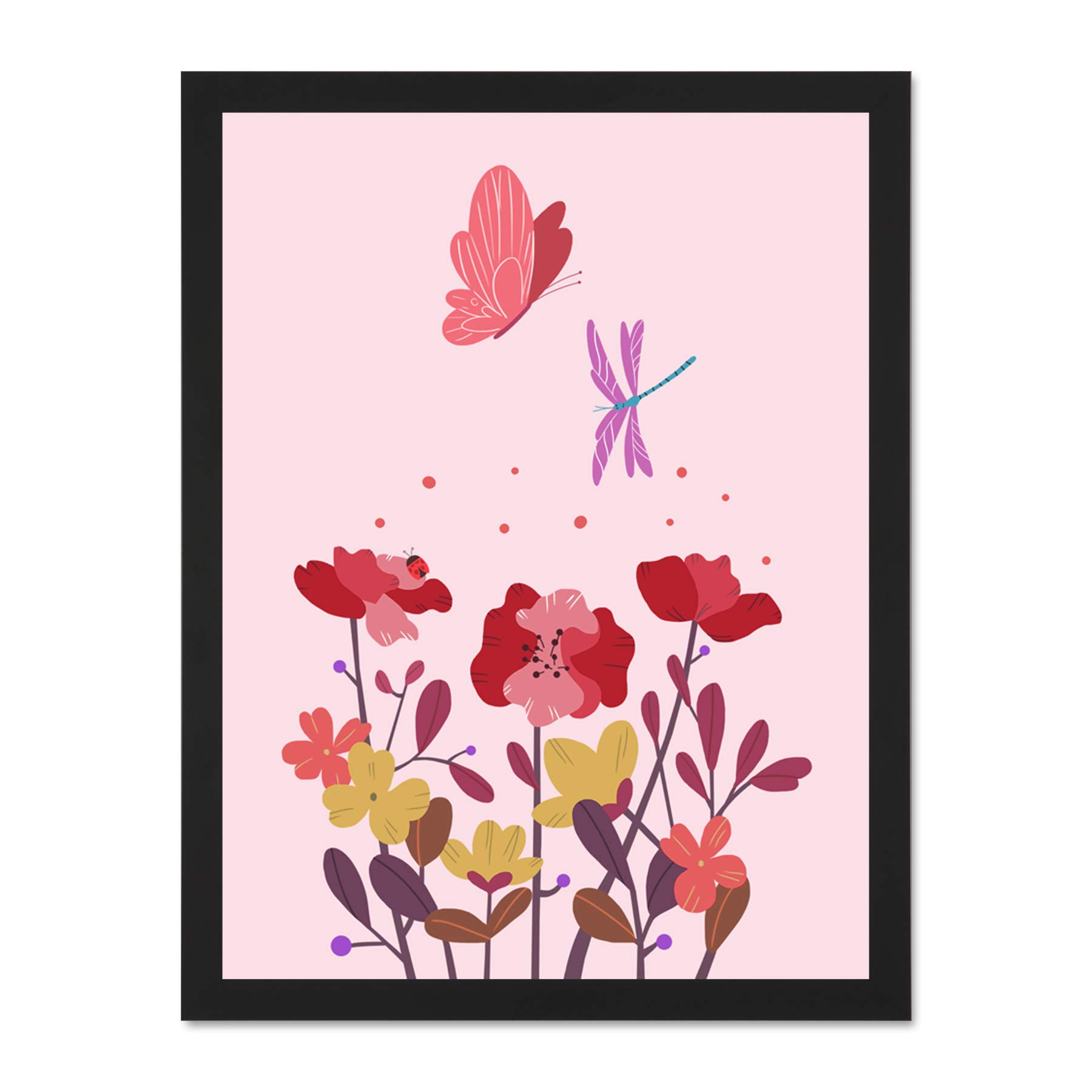 Wee Blue Coo Magic Garden Dragonfly Butterfly Large Framed Art Print Poster Wall Decor 18x24 inch