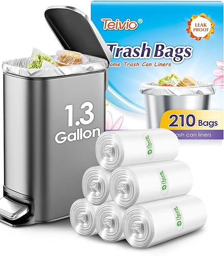 1.3 Gallon(Fit 1.2-1.3 Gal)210 Counts Strong Trash Bags Garbage Bags by Teivio,Small Waste Basket Liners,Fit 1,1.2,1.3 Gal,Bathroom Trash Can Bin