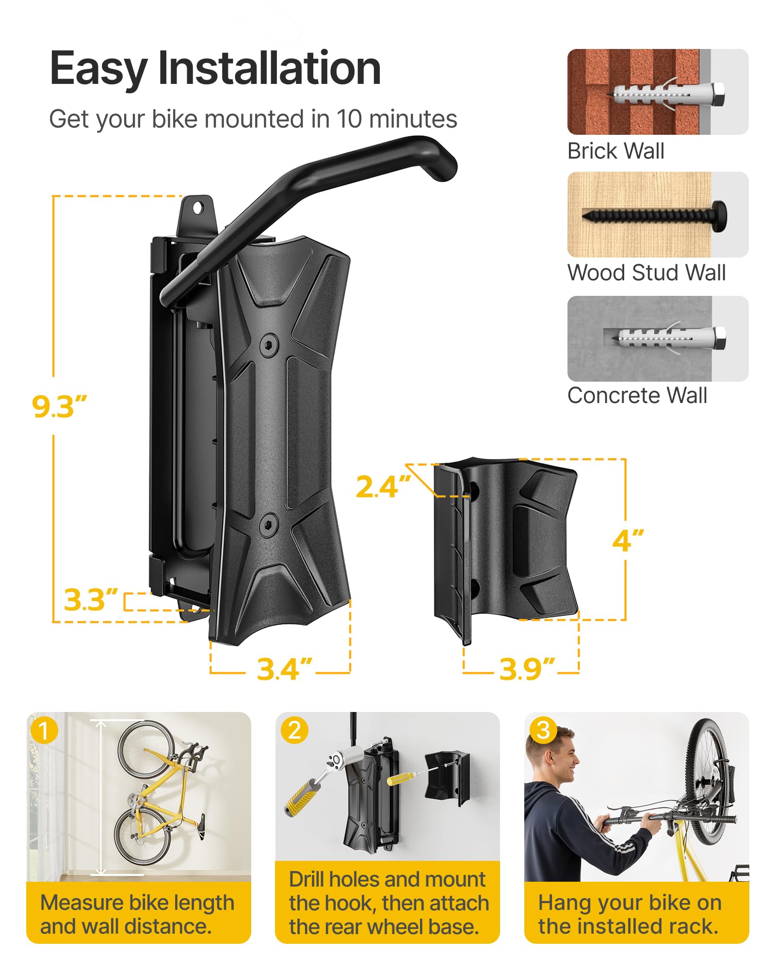 monTEK Schwenkbare Fahrrad-Wandhalterung, platzsparende vertikale Fahrradaufhänger, Wand-Fahrradträger für Garage, hält bis zu 35 kg, 4 Stück