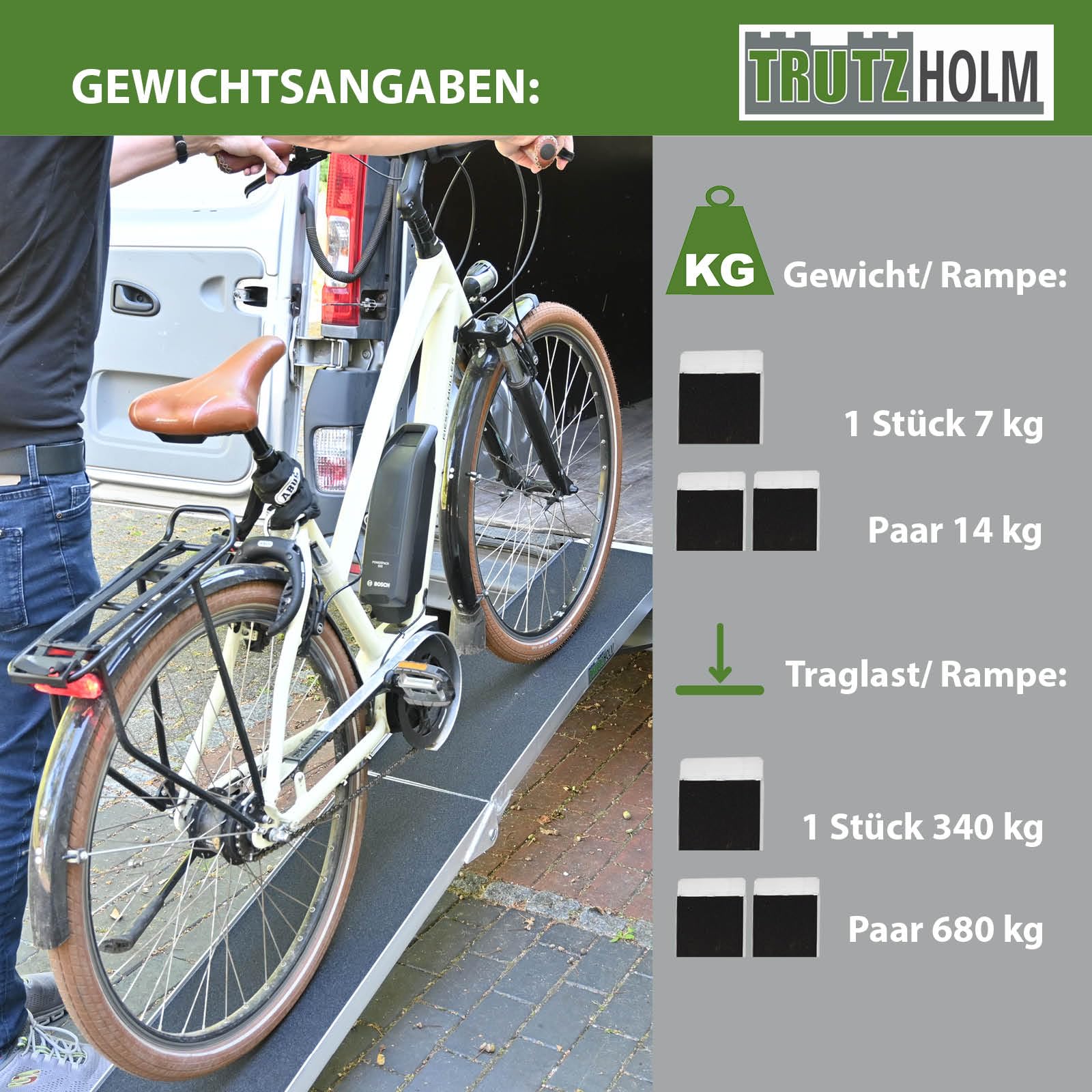 TRUTZHOLM 2X Auffahrrampe klappbar Länge 228 cm 340 kg Traglast je Stück 680 kg Gesamttraglast Aluminium Friktionsbeschichtung Anti Rutsch E-Bike-Rampe Fahrradrampe Motorradrampe inkl. 2X Spanngurt