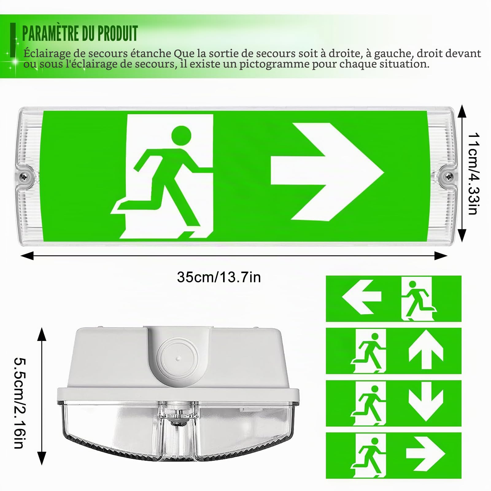 Panneau d'urgence LED professionnel avec éclairage de secours à batterie | Panneau de sortie de secours étanche IP65 | 4 pictogrammes de sécurité interchangeables | Charge automatique pour