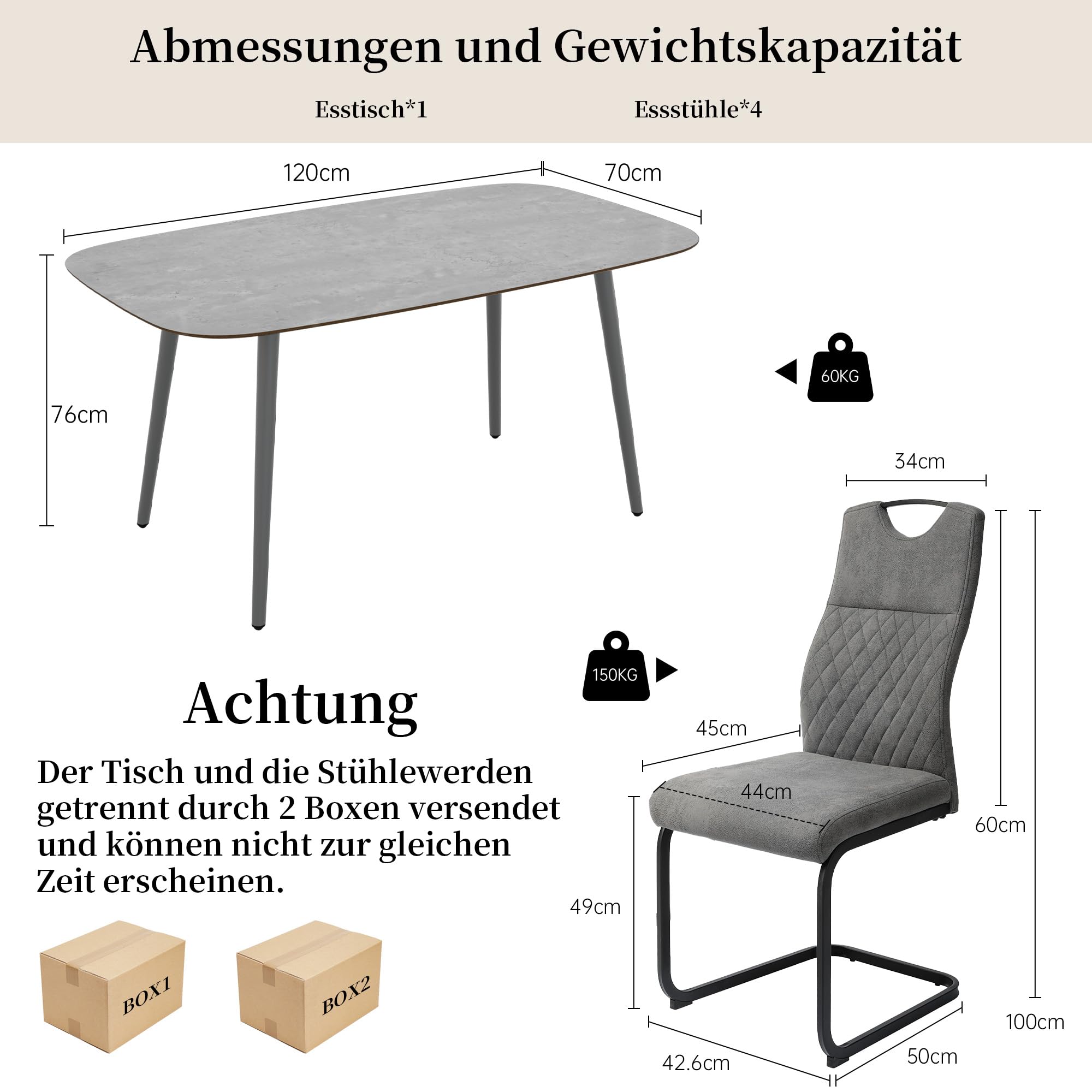 JIEXI Esstisch Küchentisch, 120 cm grau + 4 graue Stühle, 4-6 Personen | MDF Holz, Metallbeine, Modernes Design, Für Wohnzimmer & Esszimmer