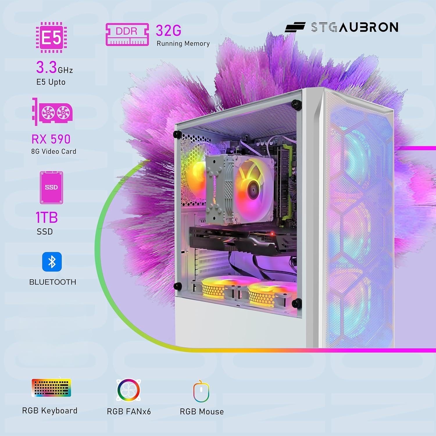 STGAubron Gaming PC Computer Desktop, Intel Core i7 8th Gen up to 4.1G, GeForce RTX 3050 6G, 16G DDR4, 512G SSD, WiFi 6, BT 5.2, RGB Fan x6, Windows 11 Home