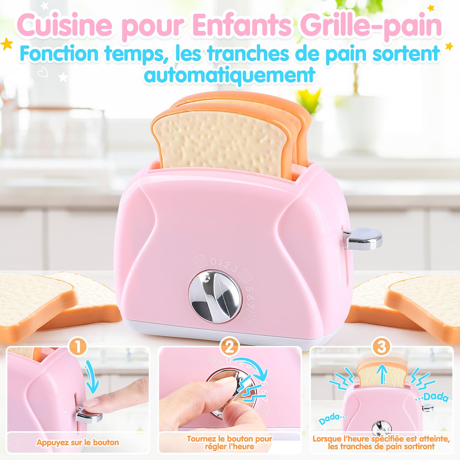 PLAY Accessoire Cuisine Enfant avec Cafetière, Mixer, Grille-Pain avec Llumière et Son Réalistes, Set de Ustensile Cuisine Cadeau pour Enfant 3+ Ans (Rose)