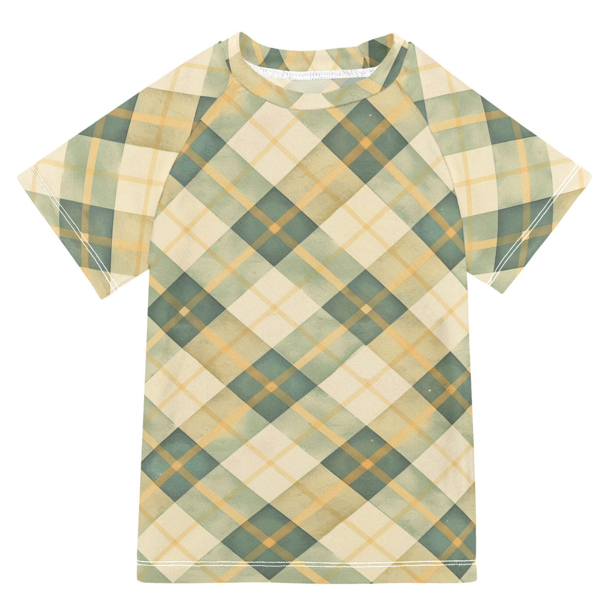 Tan Green Checked Kids Bathing Suits Girls UV Protection Girls Rash Guard Top Swimwears Active Tees for Youth Boys 7-8Y