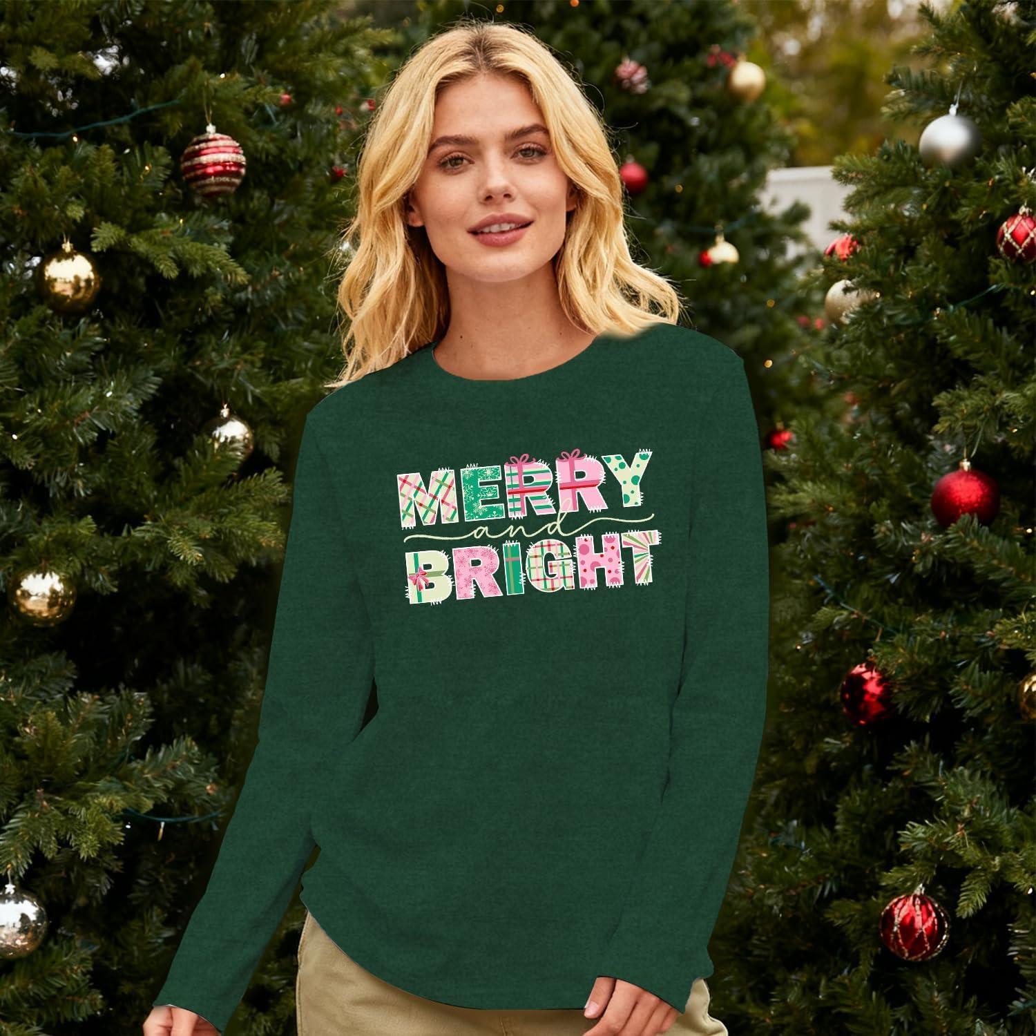 Womens Merry and Bright Shirt Long Sleeve Merry Christmas Gnome T-Shirt Xmas Holiday Tee Tops - Image 2