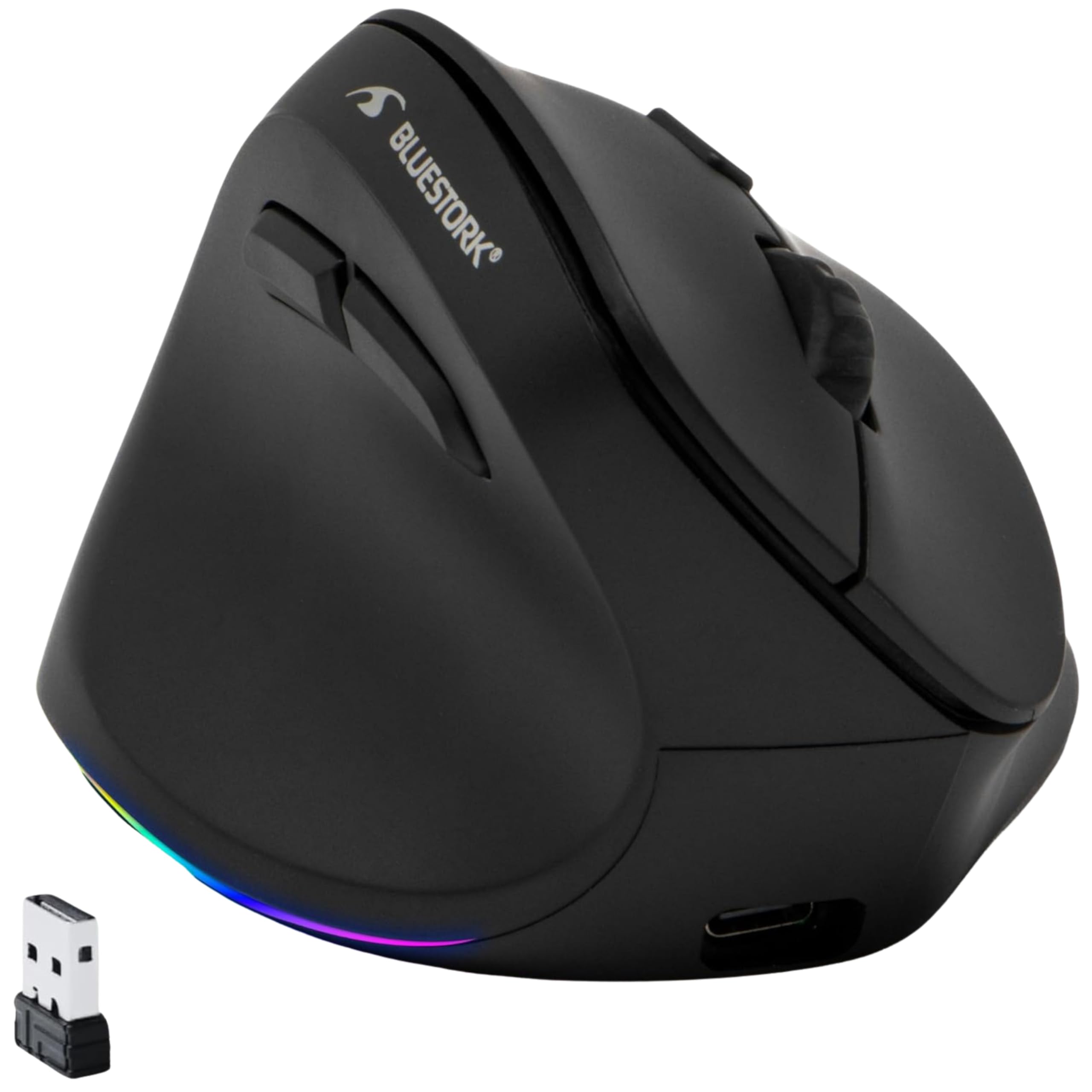 Bluestork - Mouse Verticale Senza Fili 2.4GHz + BT - Ricaricabile Mouse Ergonomico - DPI Regolabile 800-2400DPI - 6 Pulsanti LED RGB - Prevenzione della Sindrome del Tunnel Carpale - PC/Mac/IPAD