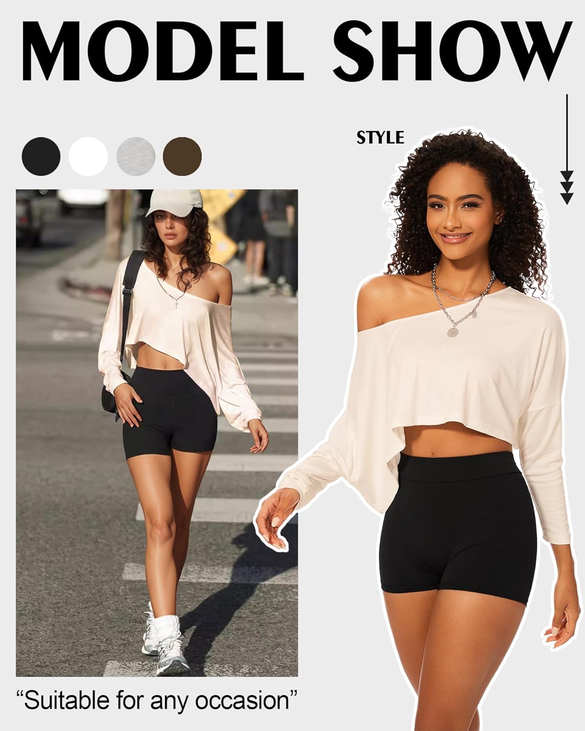 Off The Shoulder Crop Tops for Women Long Sleeve Crop Top Oversized Workout Boat Neck Summer Loose Casual T Shirt - Image 5