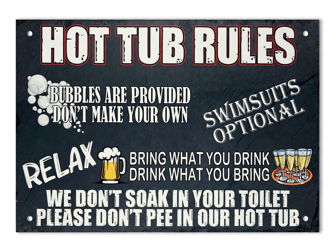 P&P Homeware Funny Hot Tub Rules Sign - Retro Metal Garden Plaque (27x18cm) - Weatherproof Outdoor Accessories & Decor Gift for Men, Women, Home Bar, Pub Shed & Spa 40th 50th 60th Birthday